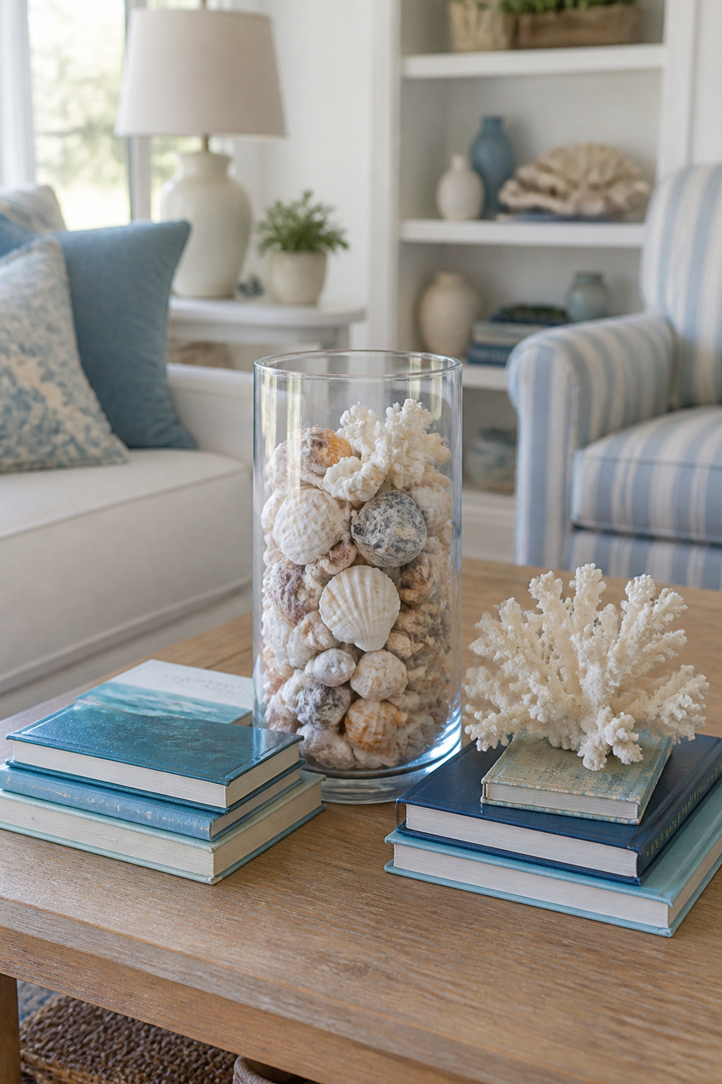 10 Easy Summer Decorating Ideas for Every Room 4 A glass vase filled with seashells on a wooden coffee table.