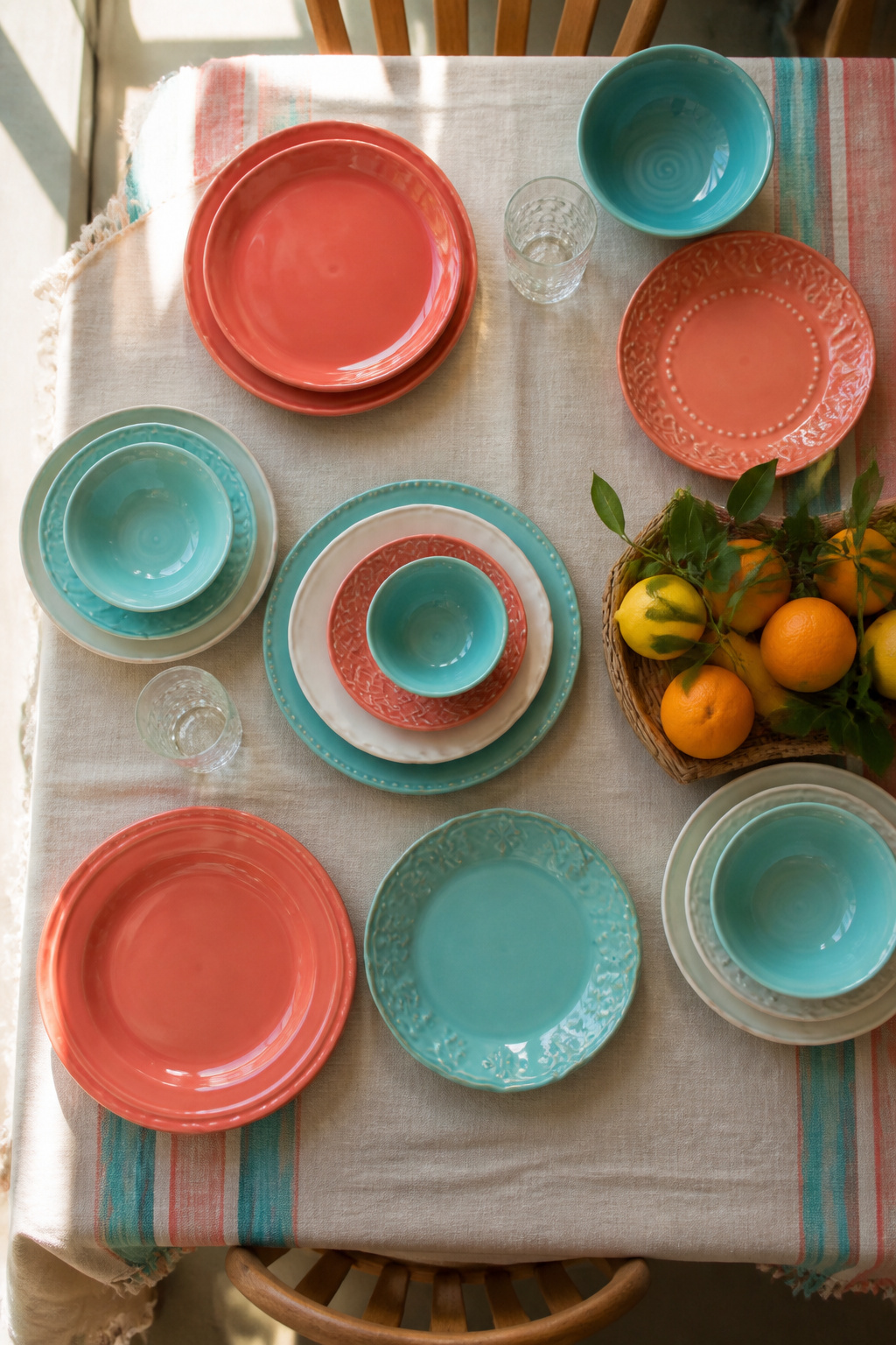 10 Easy Summer Decorating Ideas for Every Room 5 Mismatched coral and turquoise dinner plates stacked on a cabinet.