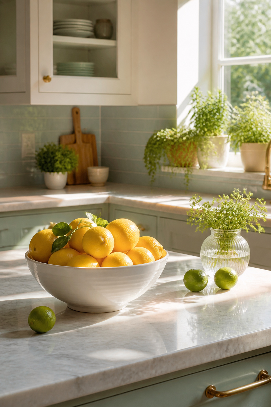 10 Easy Summer Decorating Ideas for Every Room 6 A white ceramic bowl filled with yellow lemons on a kitchen counter.