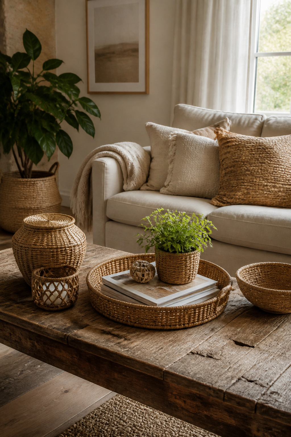 10 Easy Summer Decorating Ideas for Every Room 8 A rustic coffee table with wicker and rattan decor items.
