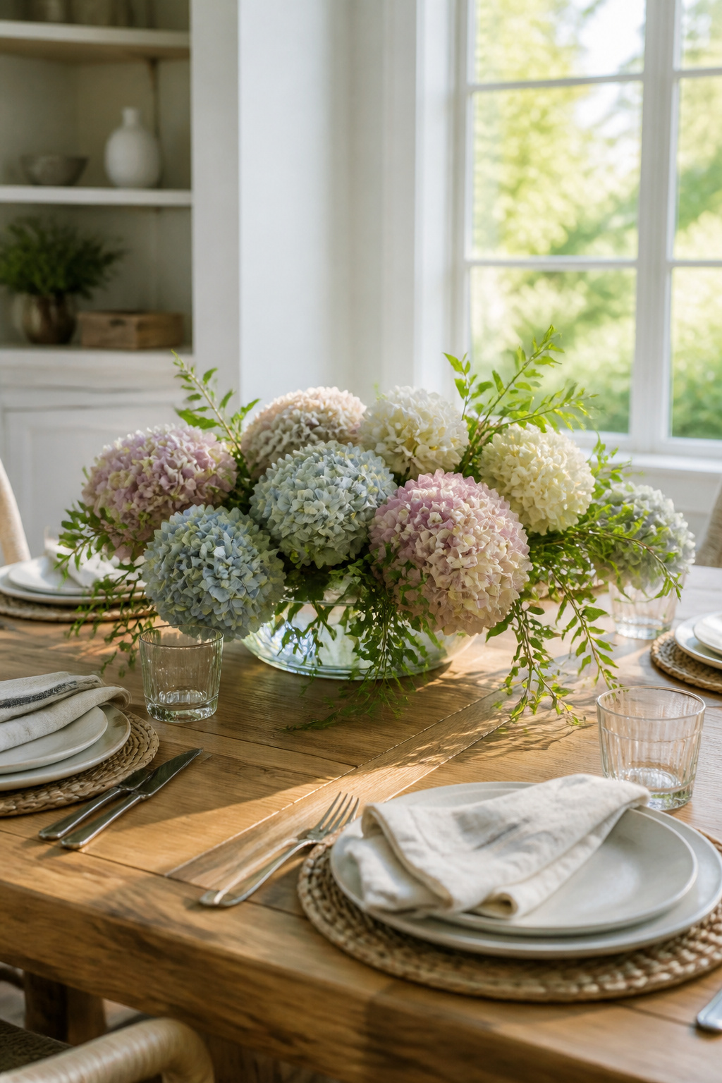 10 Easy Summer Decorating Ideas for Every Room 9 A low glass vase filled with pastel hydrangeas on a dining table.