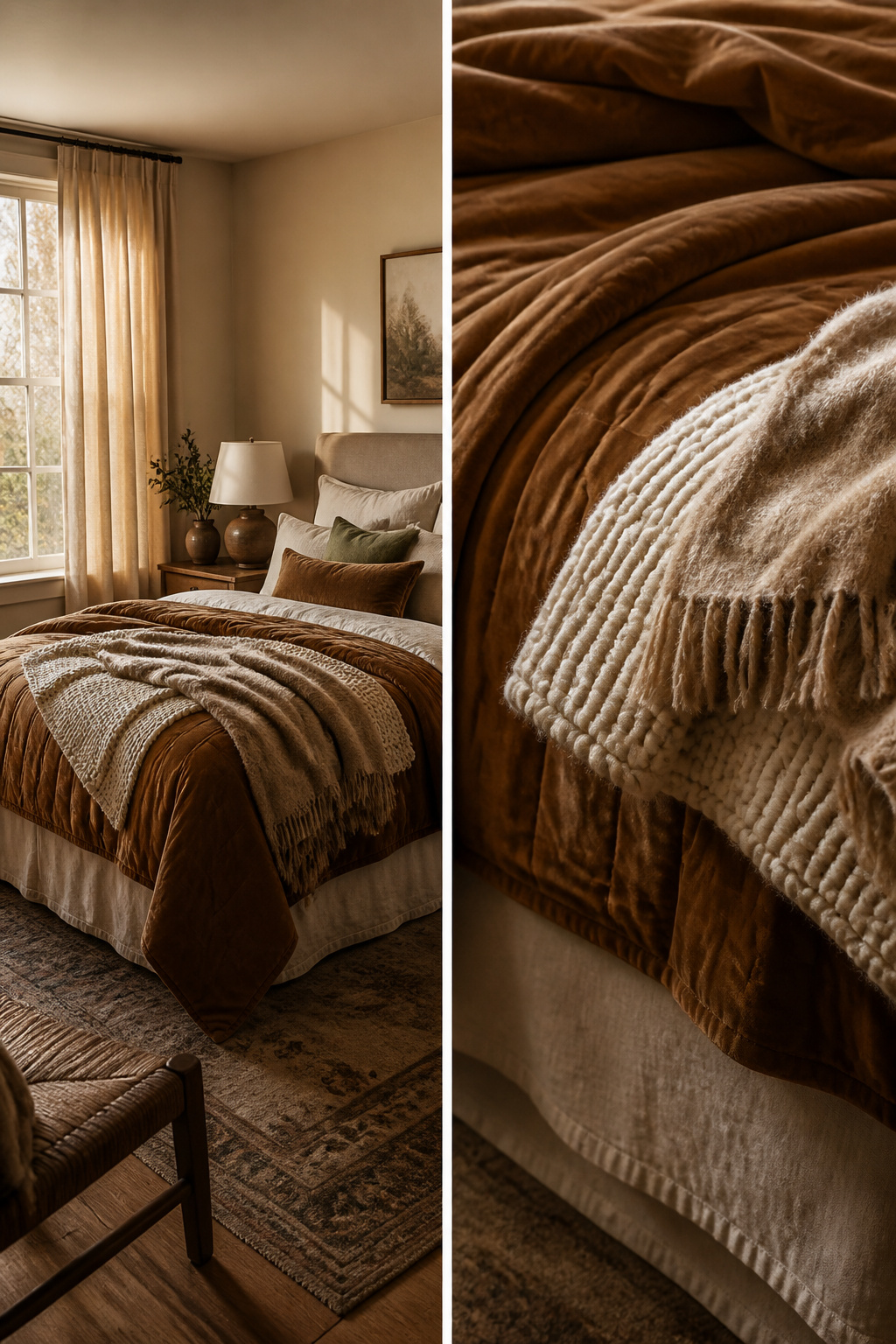 10 Fall Bedroom Decor Ideas for a Warm 2026 Update 1 A bed with layered bedding including a velvet quilt and chunky knit throw.