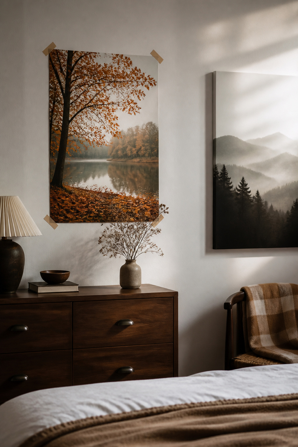 10 Fall Bedroom Decor Ideas for a Warm 2026 Update 10 A fall-themed print on a wall above a dresser.