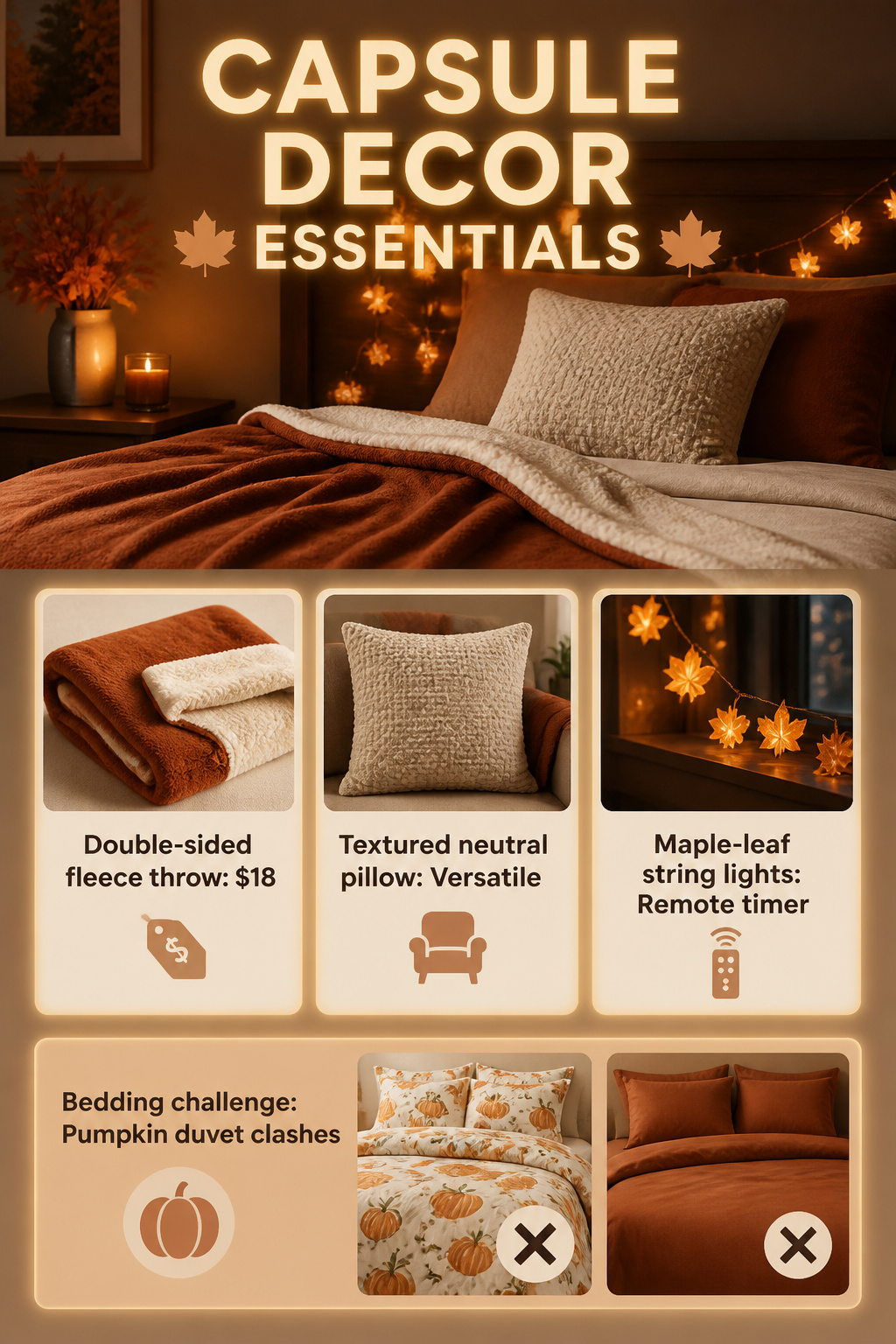 10 Fall Bedroom Decor Ideas for a Warm 2026 Update 11 A collection of capsule decor items including a throw and lights.