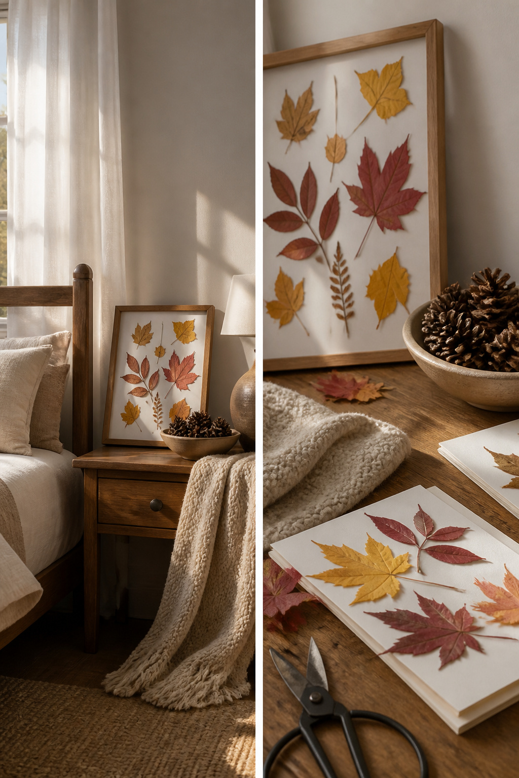 10 Fall Bedroom Decor Ideas for a Warm 2026 Update 12 Pressed leaves displayed in dollar-store frames on a nightstand.