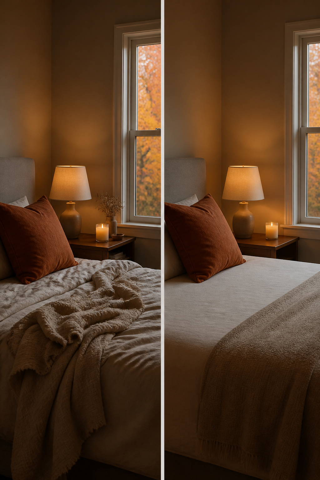 10 Fall Bedroom Decor Ideas for a Warm 2026 Update 13 A simple arrangement with a terracotta pillow and a candle.