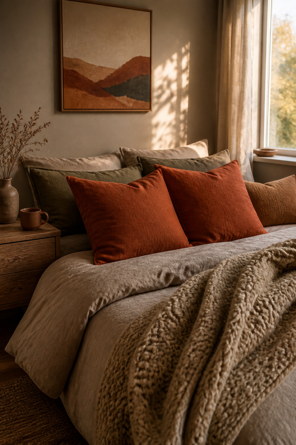 10 Fall Bedroom Decor Ideas for a Warm 2026 Update 2 Pillows in terracotta and warm taupe arranged on a bed.