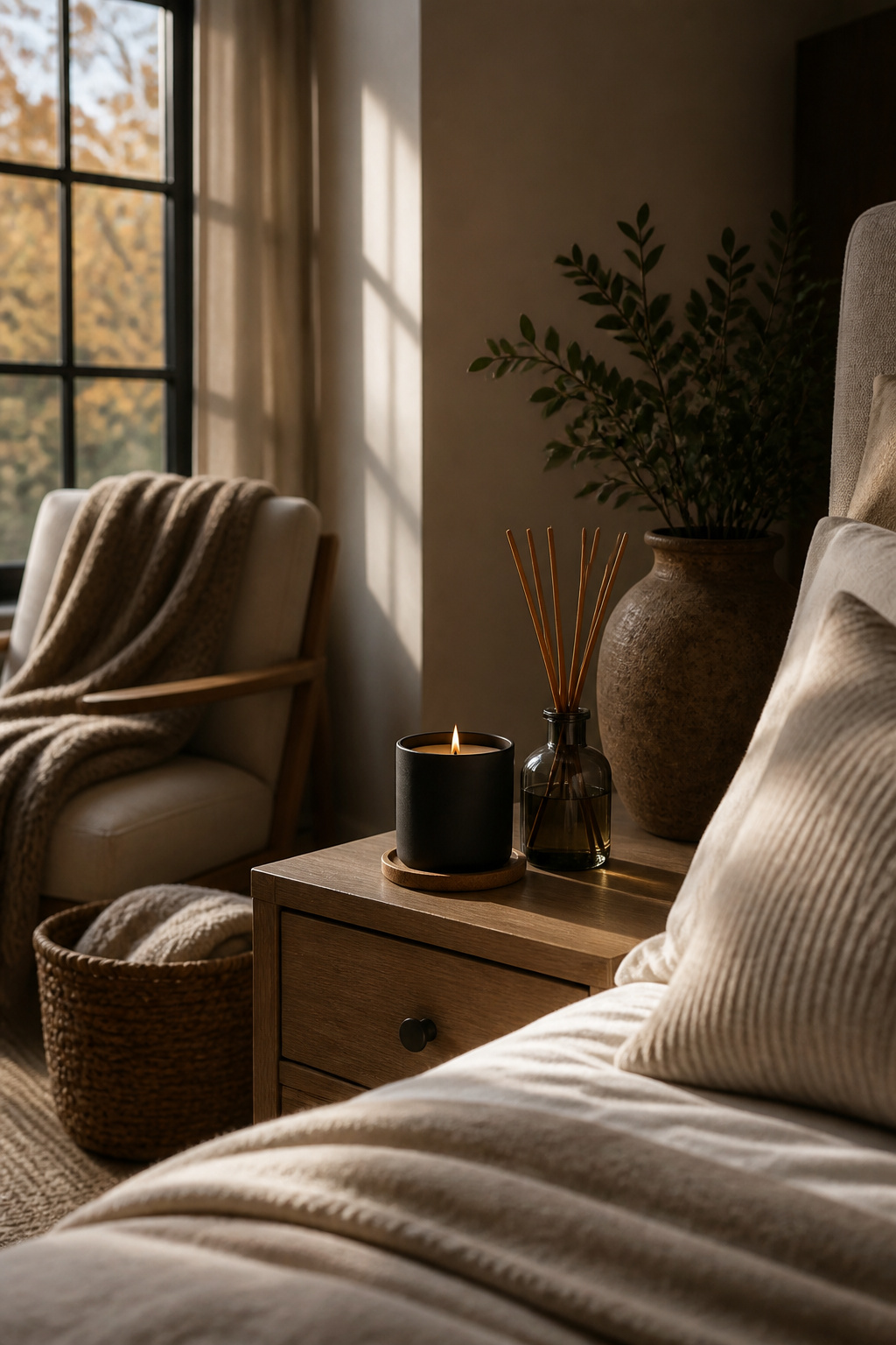 10 Fall Bedroom Decor Ideas for a Warm 2026 Update 3 A cedarwood candle and modern diffuser on a bedside table.