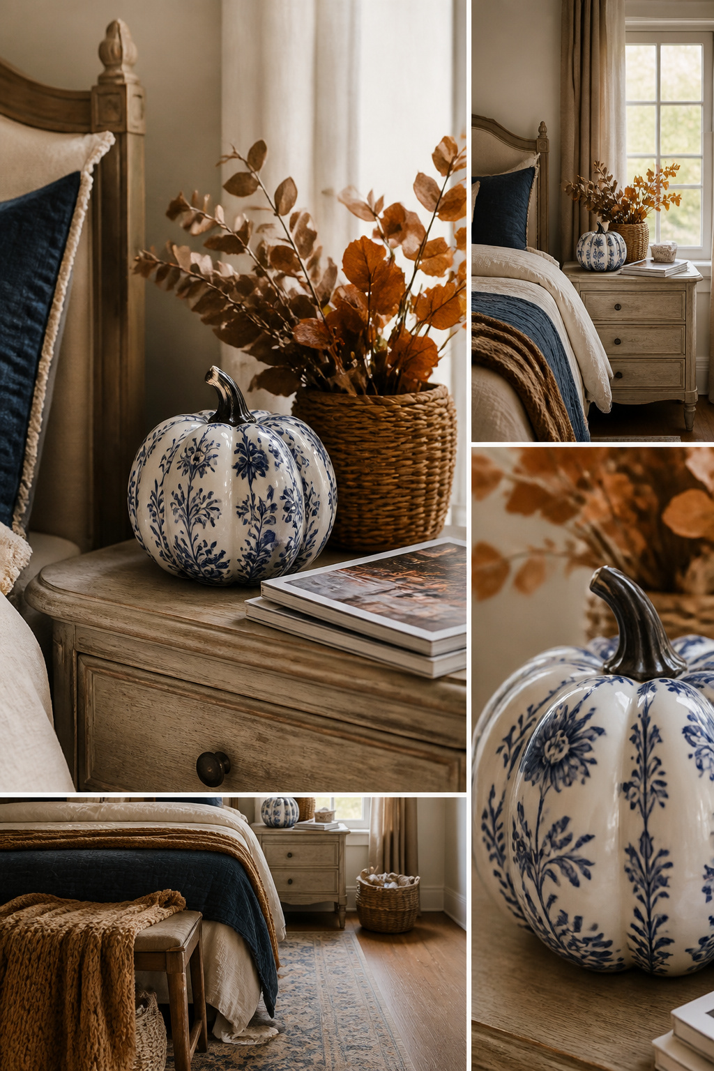 10 Fall Bedroom Decor Ideas for a Warm 2026 Update 5 A ceramic pumpkin on a nightstand surrounded by dried stems.