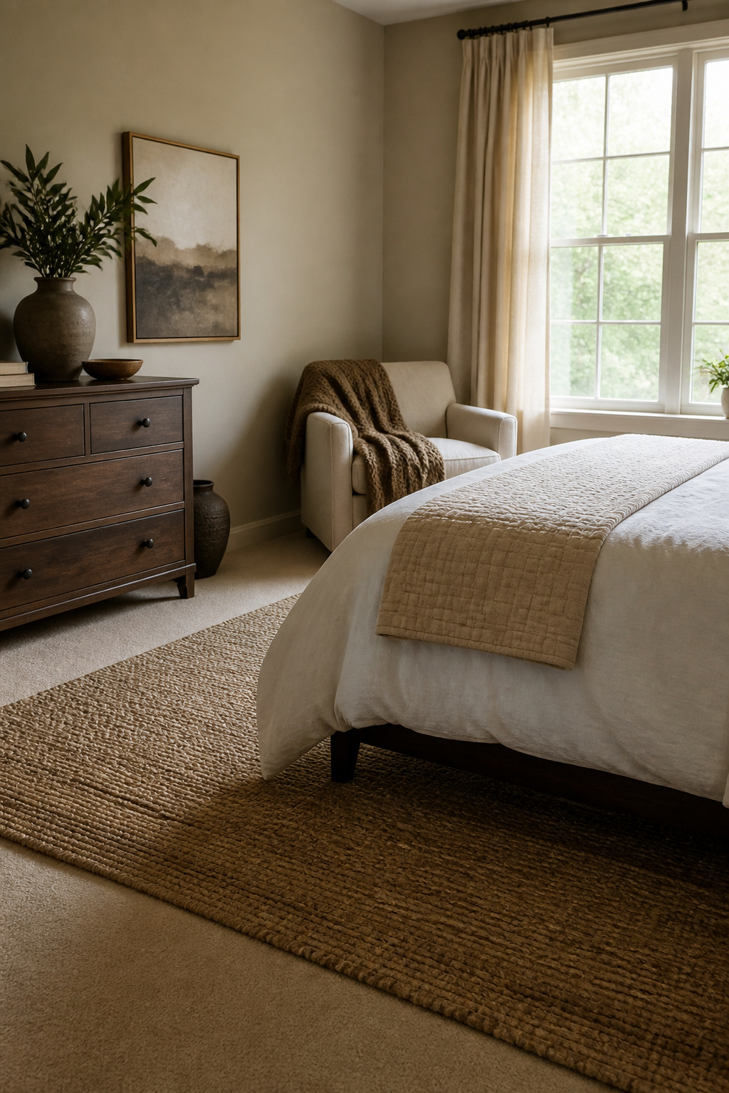 10 Fall Bedroom Decor Ideas for a Warm 2026 Update 6 A jute-and-wool rug placed under a bed on a beige carpet.