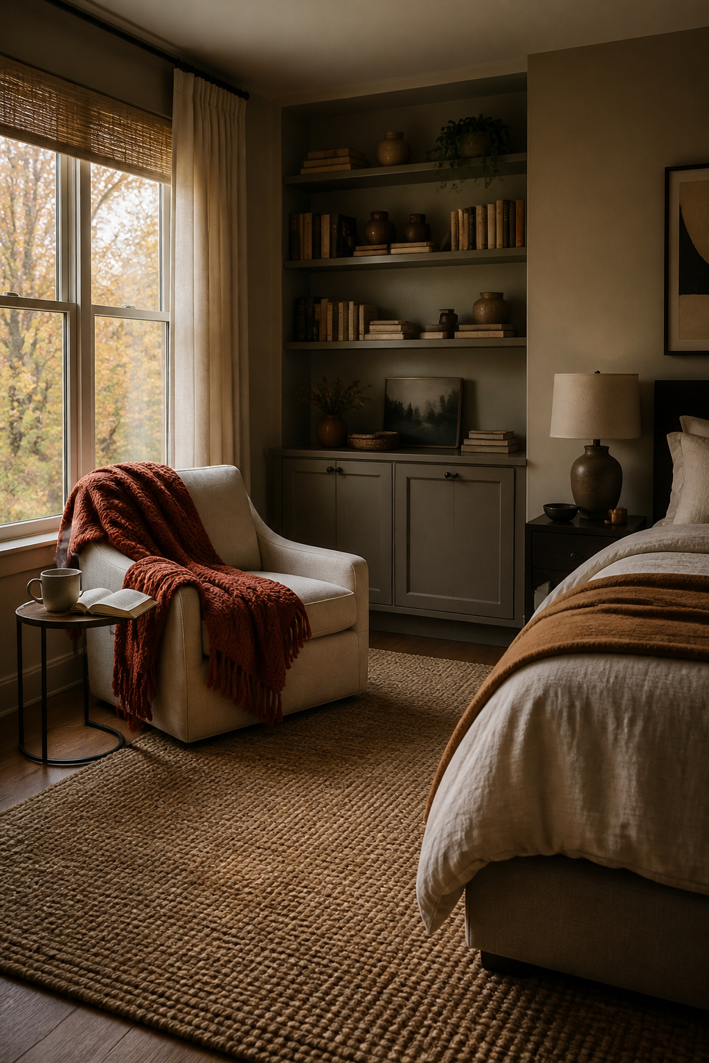 10 Fall Bedroom Decor Ideas for a Warm 2026 Update 9 A cozy reading nook with an upholstered chair and throw blanket.