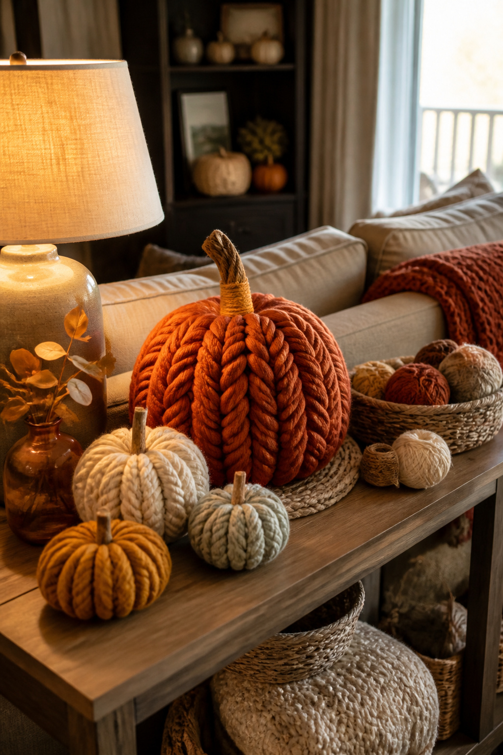 15 Fall Craft Ideas for Adults: Pumpkins, Wreaths, Signs & More 12 A collection of yarn pumpkins in various sizes and colors.