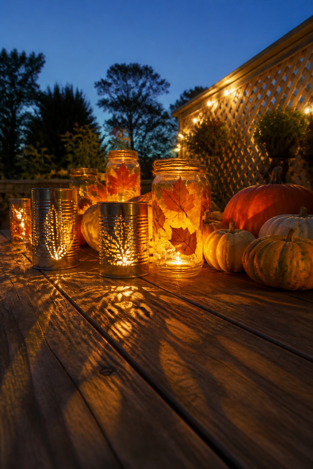 15 Fall Craft Ideas for Adults: Pumpkins, Wreaths, Signs & More 14 A tin can punched with a leaf design, serving as a luminary.