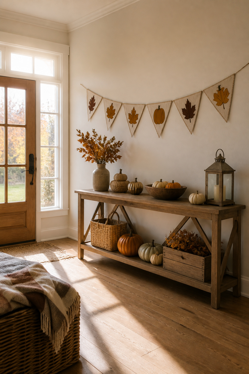 15 Fall Craft Ideas for Adults: Pumpkins, Wreaths, Signs & More 15 A string of felt triangle banners spelling out seasonal words.
