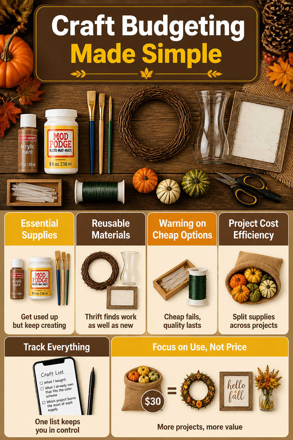 15 Fall Craft Ideas for Adults: Pumpkins, Wreaths, Signs & More 17 An image detailing budgeting strategies for craft projects.