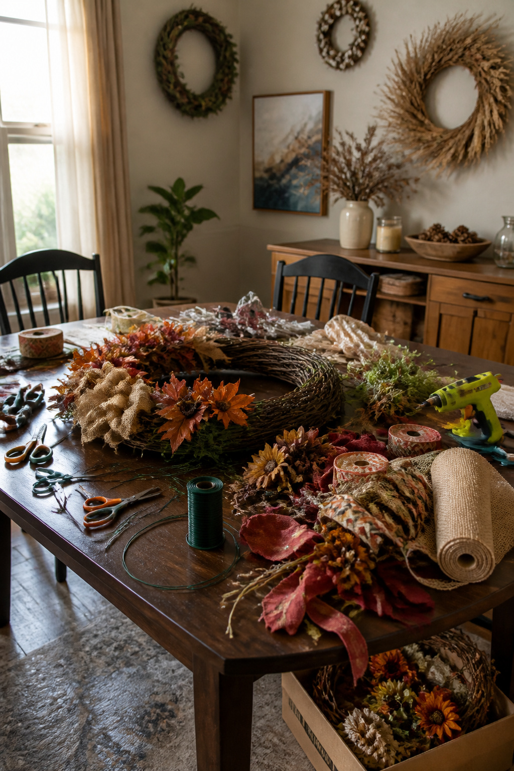 15 Fall Craft Ideas for Adults: Pumpkins, Wreaths, Signs & More 19 A table filled with crafting materials and unfinished projects.