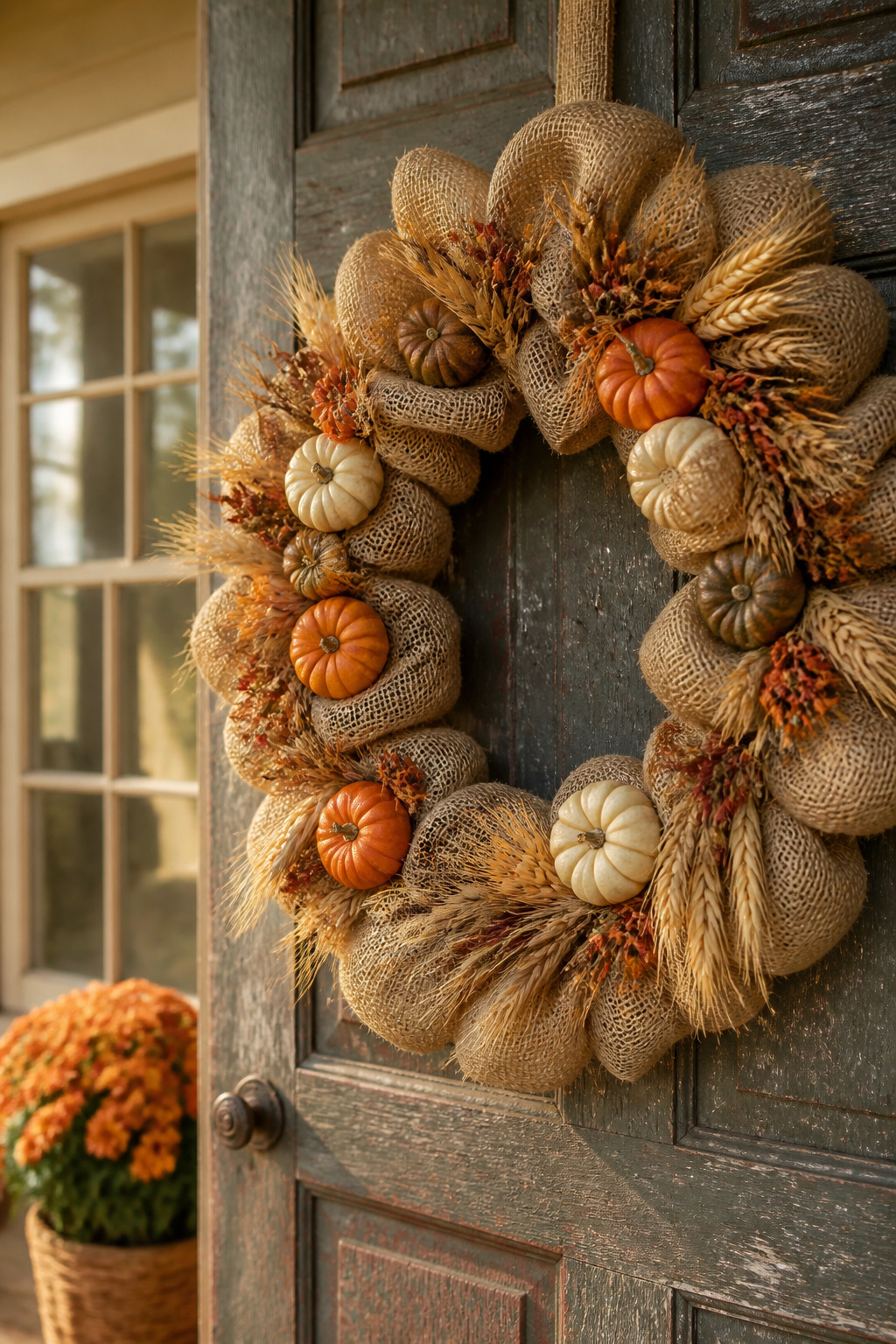 15 Fall Craft Ideas for Adults: Pumpkins, Wreaths, Signs & More 3 A burlap wreath decorated with mini pumpkins and fabric scraps.
