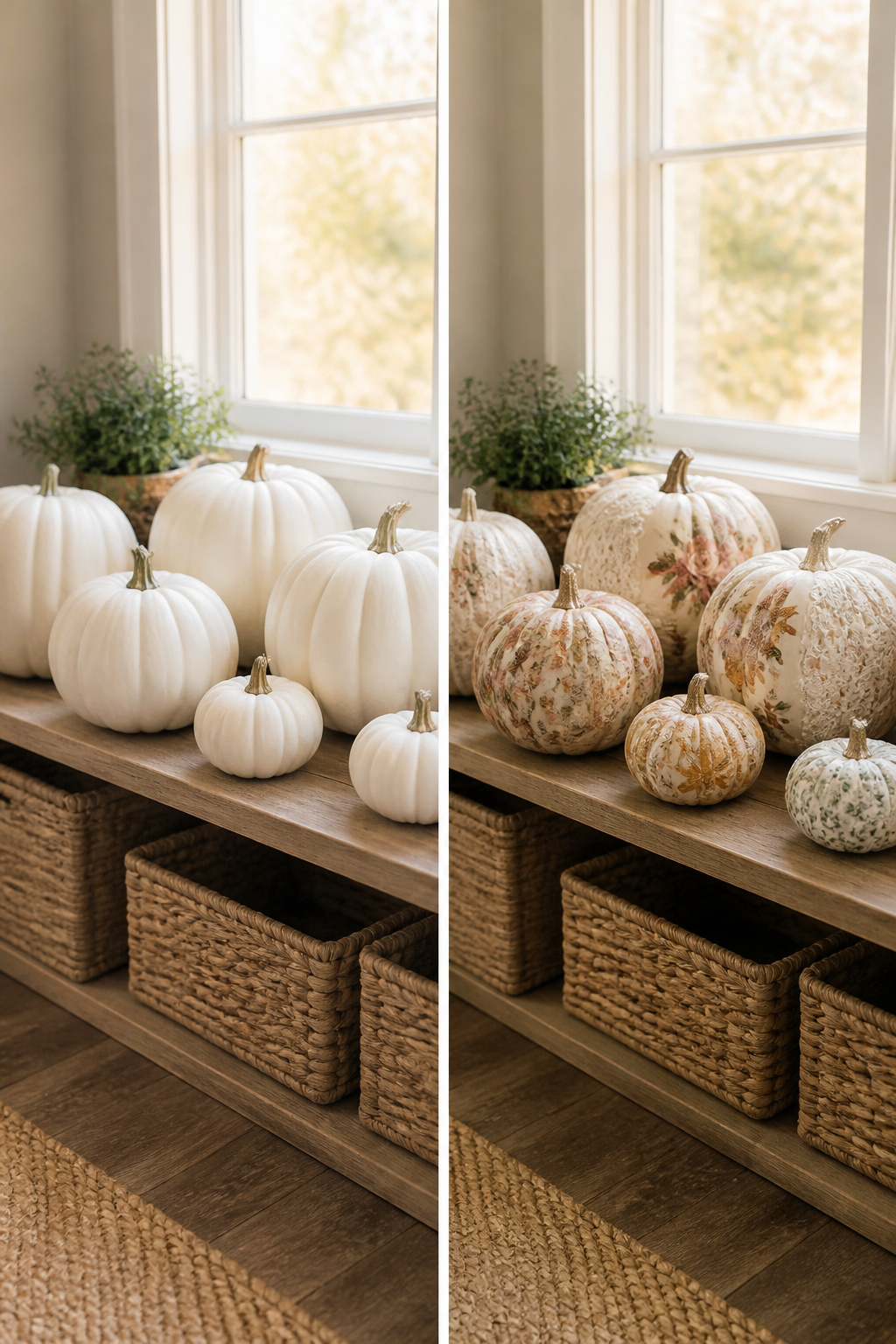 15 Fall Craft Ideas for Adults: Pumpkins, Wreaths, Signs & More 4 A selection of painted white pumpkins with various decorative styles.
