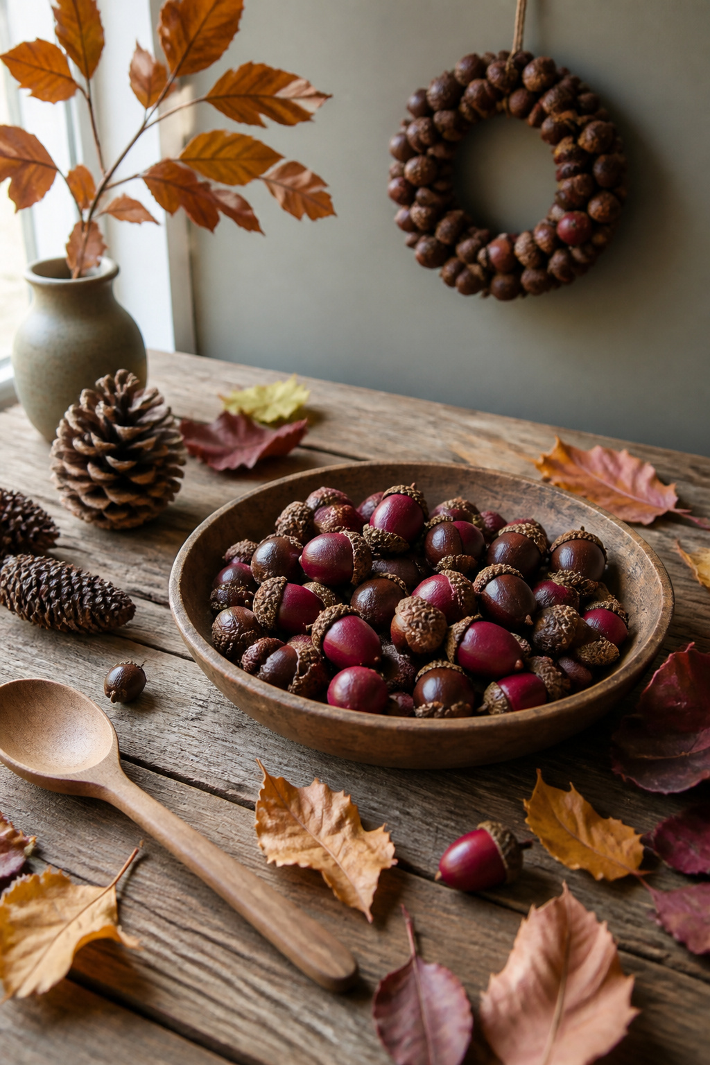 15 Fall Craft Ideas for Adults: Pumpkins, Wreaths, Signs & More 5 Painted acorns arranged in a bowl alongside a small acorn wreath.