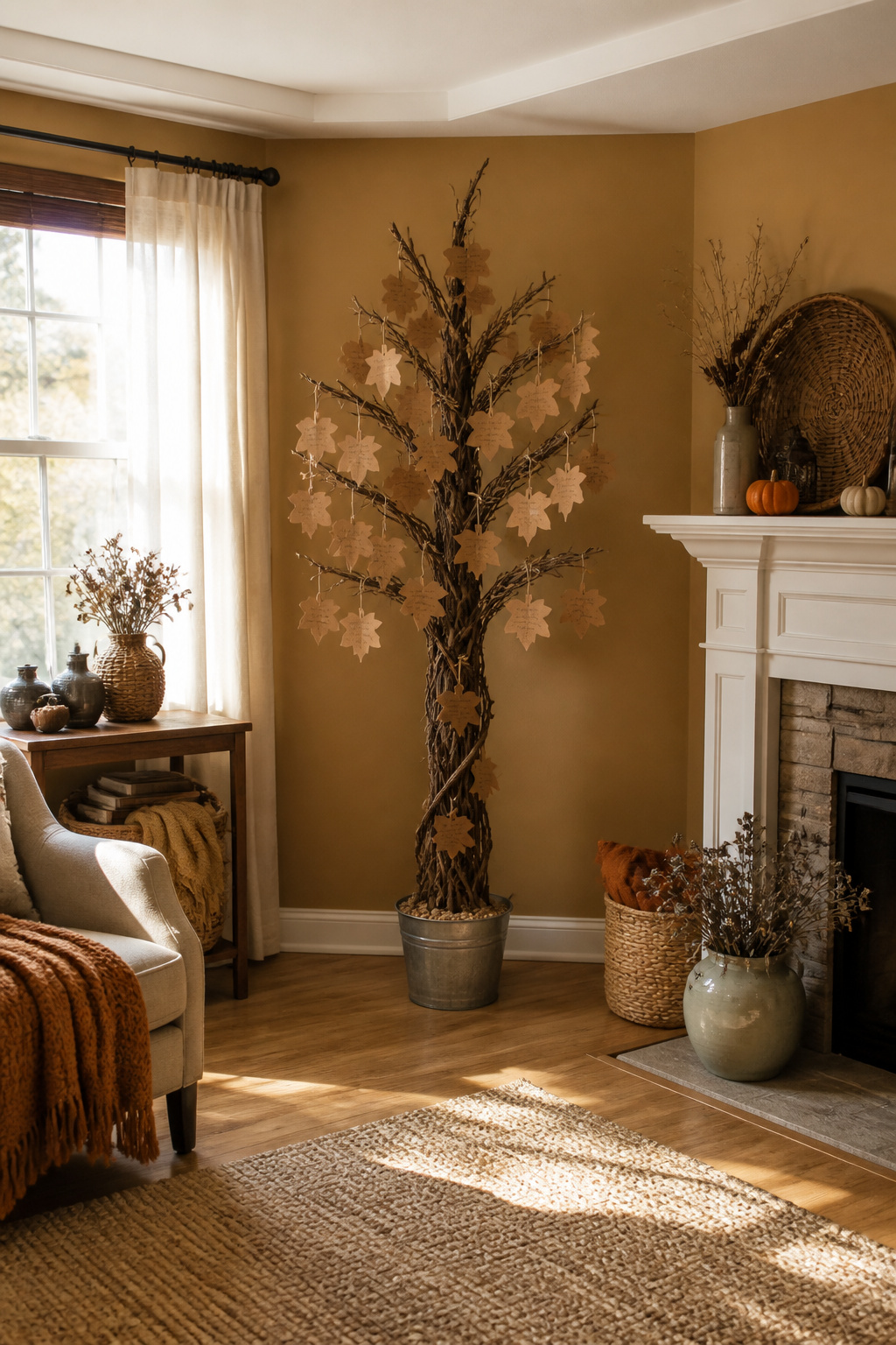 15 Fall Craft Ideas for Adults: Pumpkins, Wreaths, Signs & More 6 A tree structure with paper leaves for guests to write messages on.
