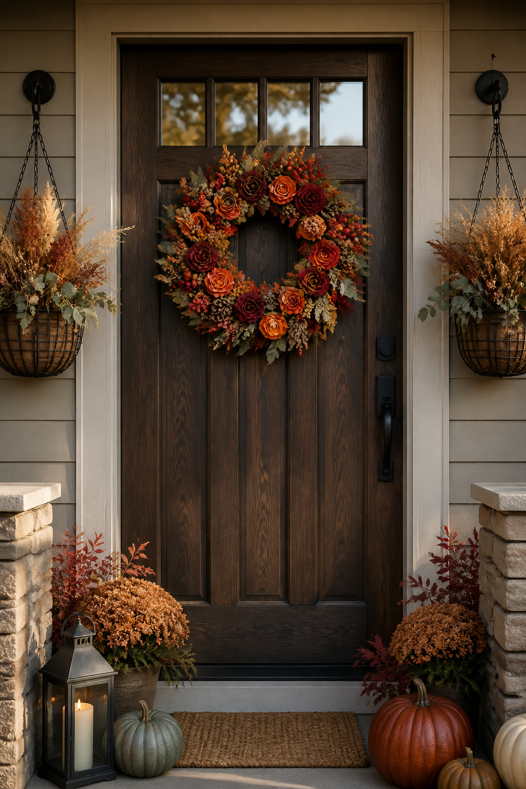 8 Fall Entryway Decor Ideas for a Warm Welcome in 2026 1 A faux rose and pinecone wreath displayed on a door.