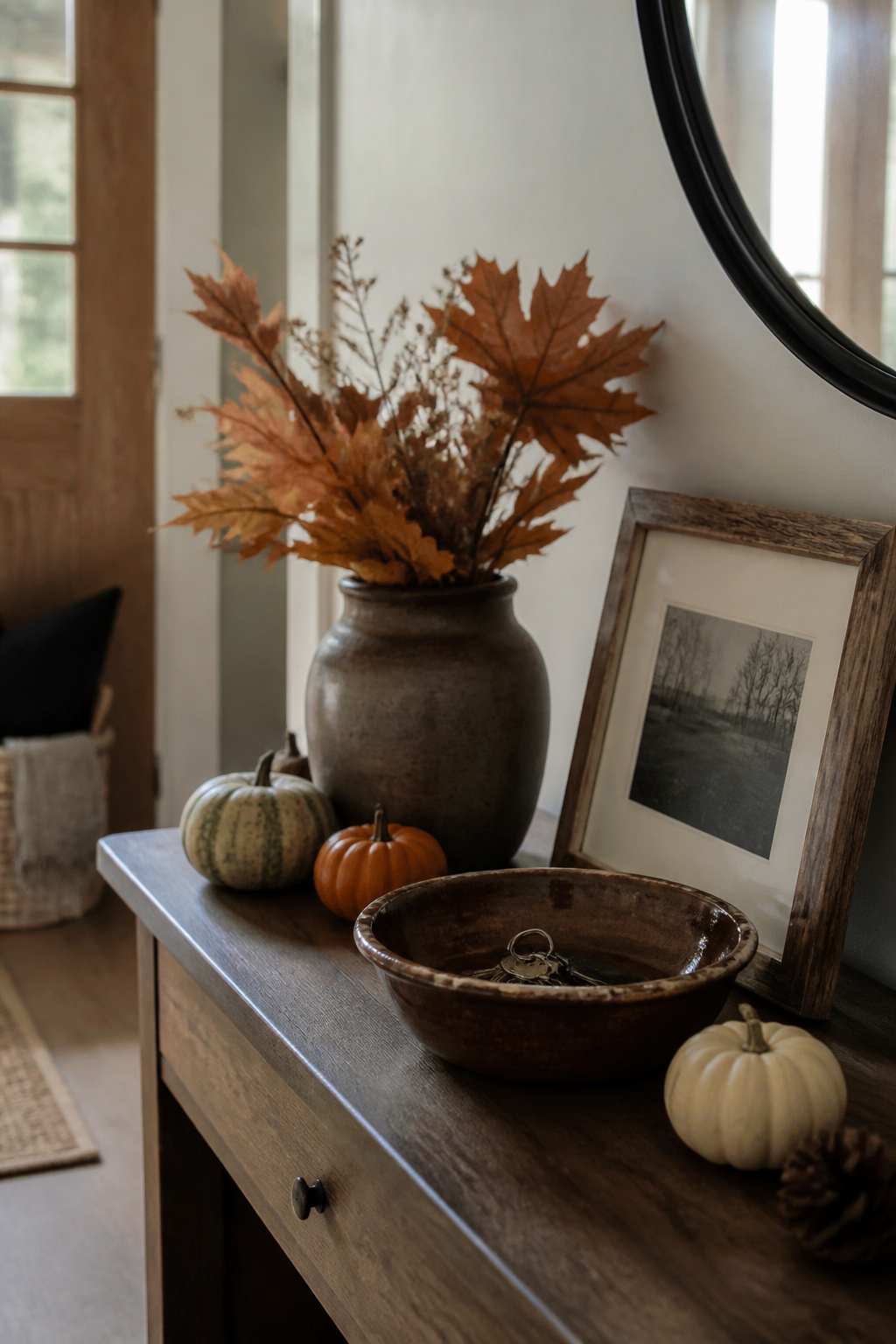 8 Fall Entryway Decor Ideas for a Warm Welcome in 2026 10 A ceramic bowl and a framed photo on a console table.