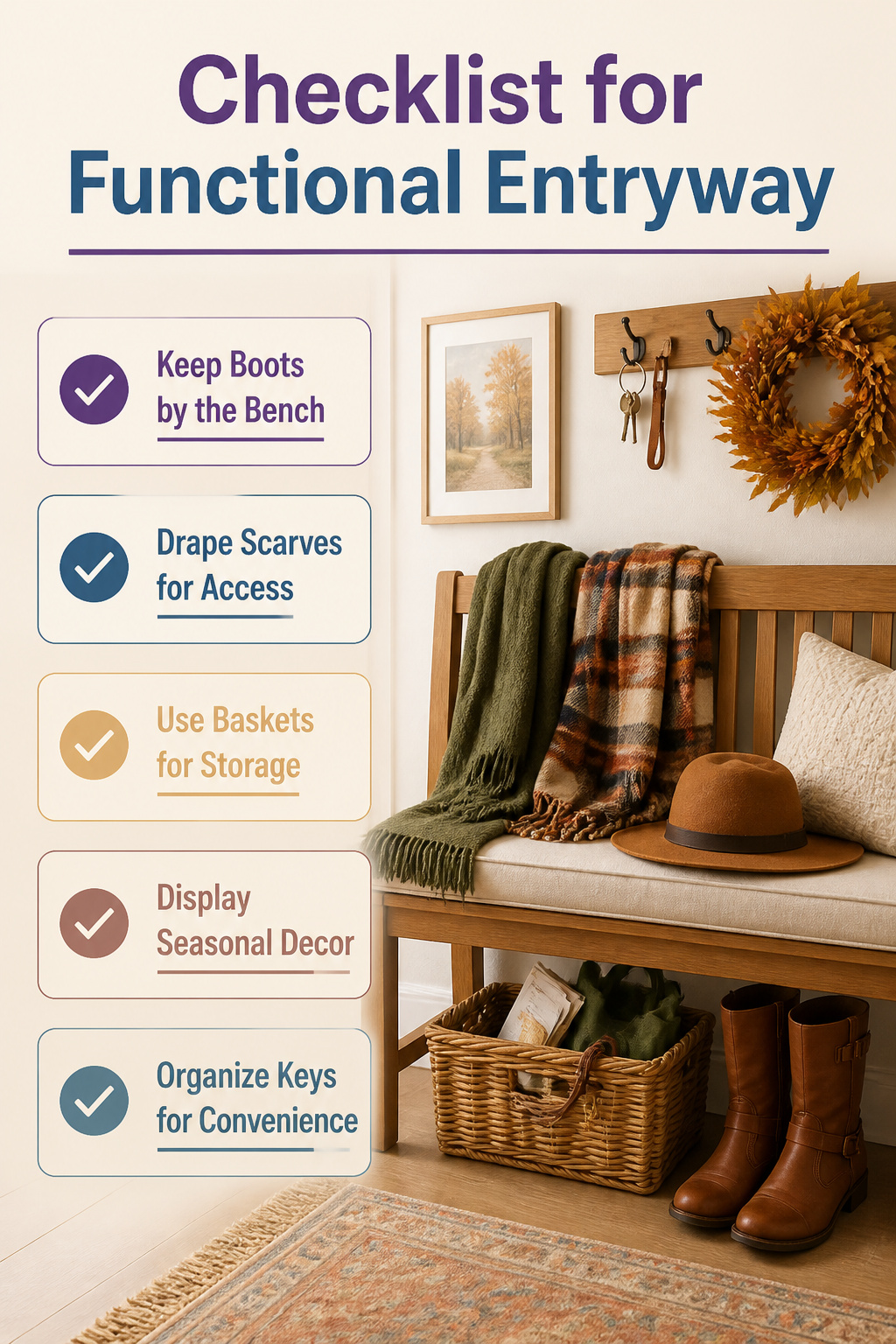 8 Fall Entryway Decor Ideas for a Warm Welcome in 2026 11 A bench with boots and scarves, demonstrating functional entryway decor.