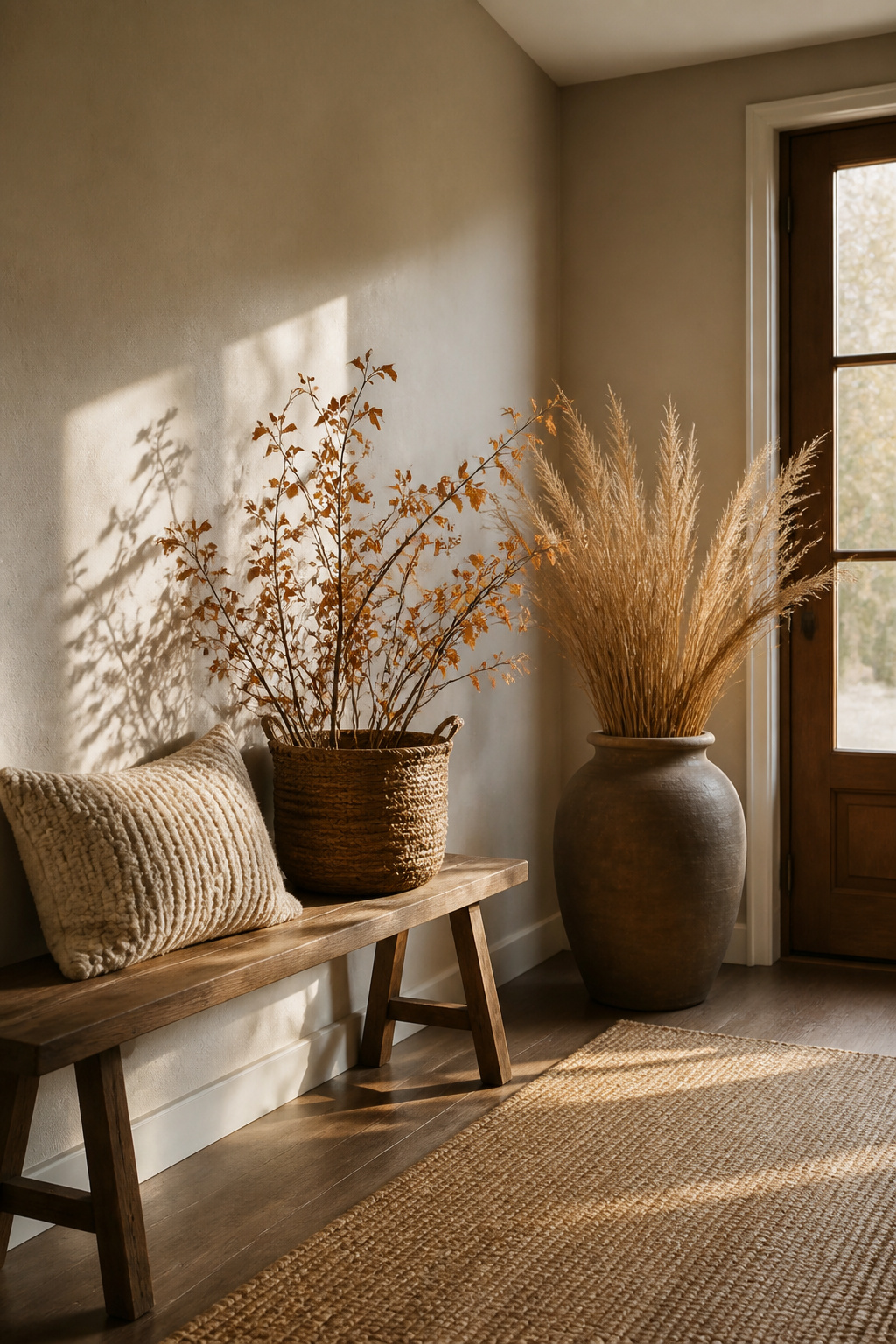 8 Fall Entryway Decor Ideas for a Warm Welcome in 2026 12 A knit pillow and a seagrass basket with branches in an entryway.