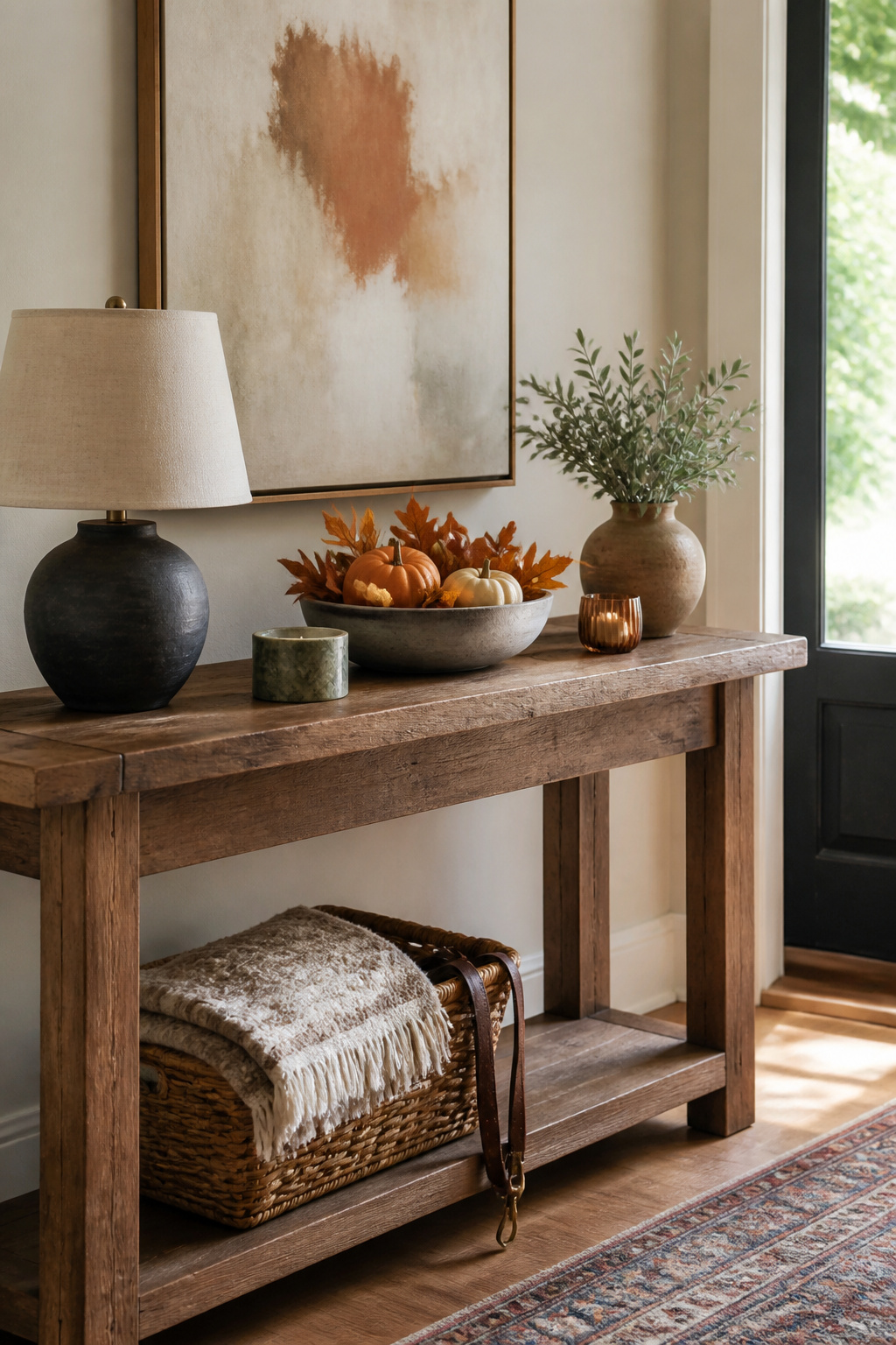 8 Fall Entryway Decor Ideas for a Warm Welcome in 2026 2 A console table with a ceramic bowl of mini pumpkins and faux leaves.