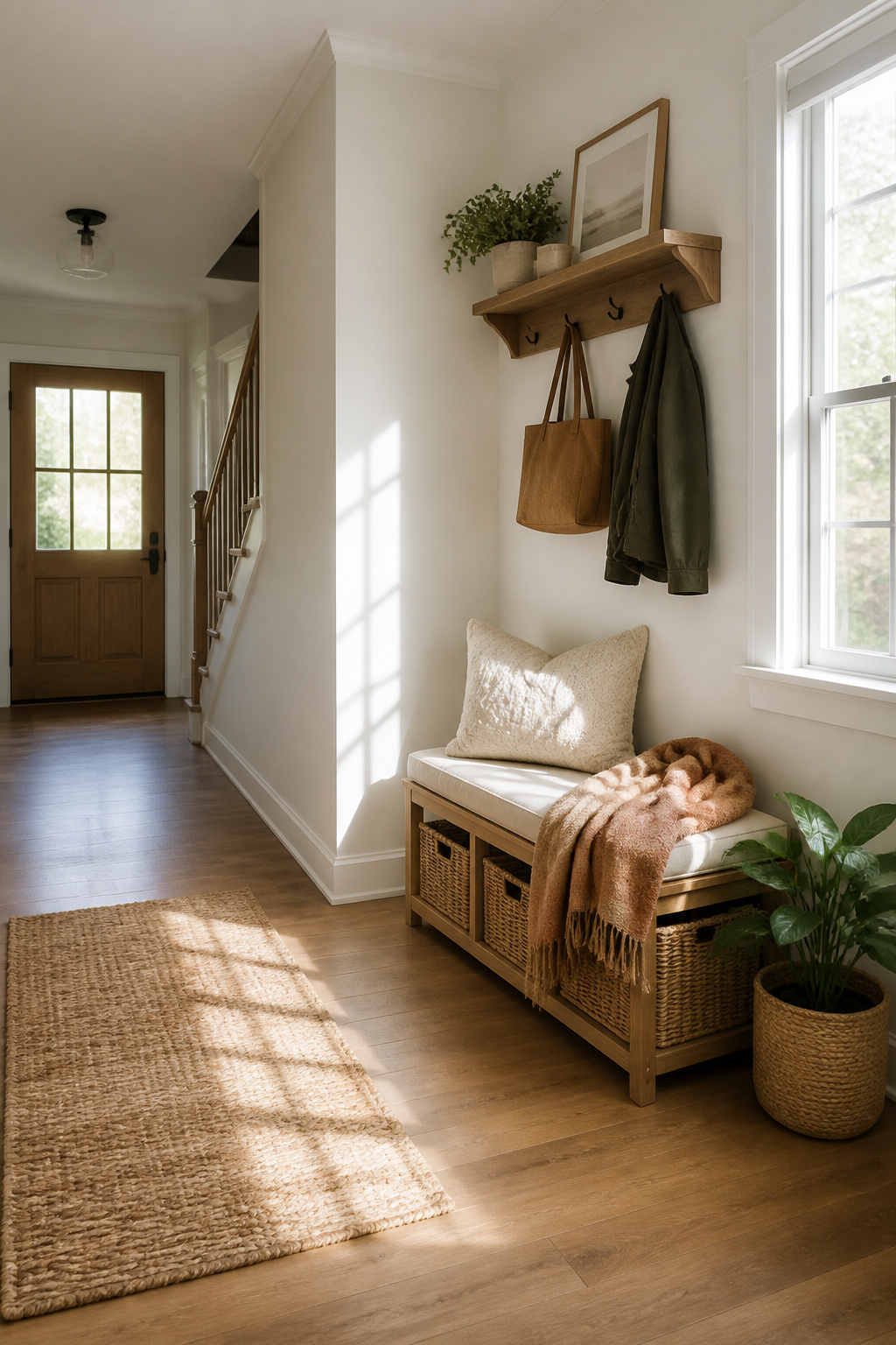 8 Fall Entryway Decor Ideas for a Warm Welcome in 2026 3 A bench with fall pillows and a scarf in a narrow entryway.