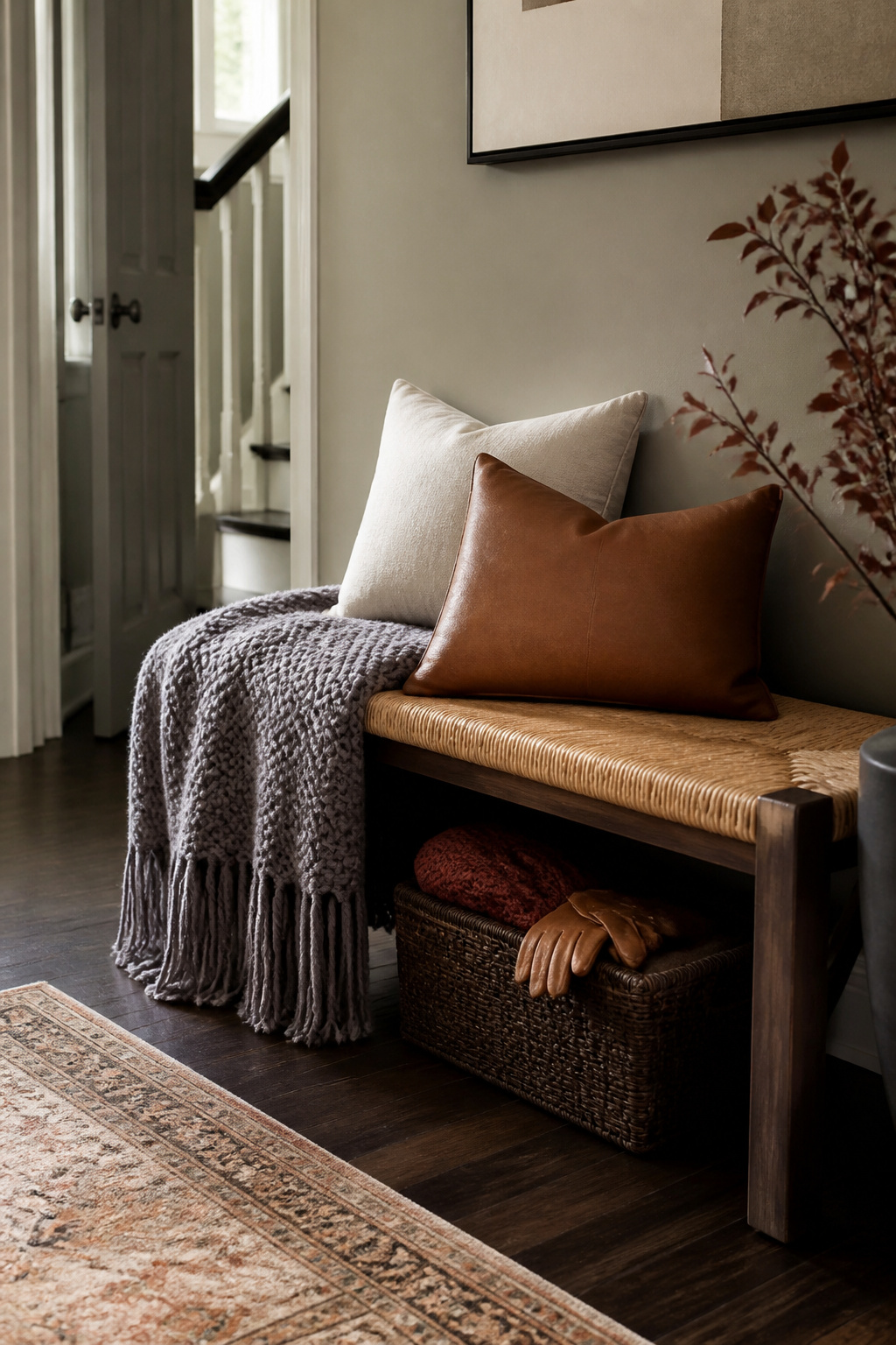8 Fall Entryway Decor Ideas for a Warm Welcome in 2026 4 A knit blanket and pillows on an entryway bench.