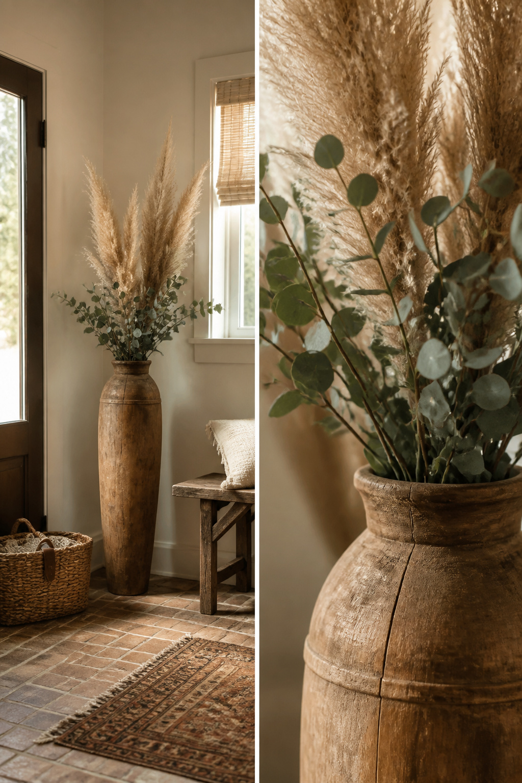 8 Fall Entryway Decor Ideas for a Warm Welcome in 2026 5 A tall vase with dried flowers and branches in an entryway.