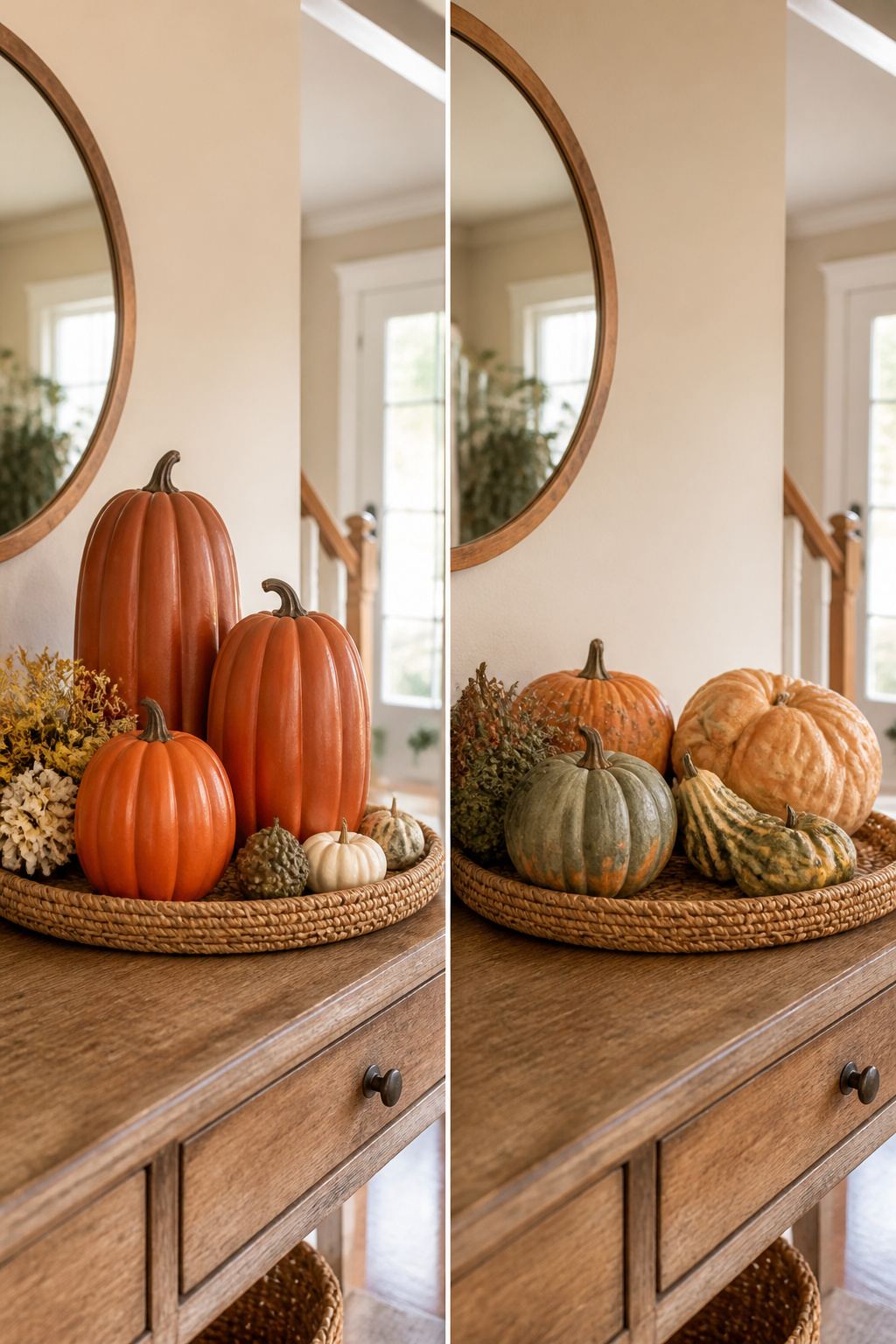 8 Fall Entryway Decor Ideas for a Warm Welcome in 2026 6 A mix of real and faux pumpkins arranged on a console table.