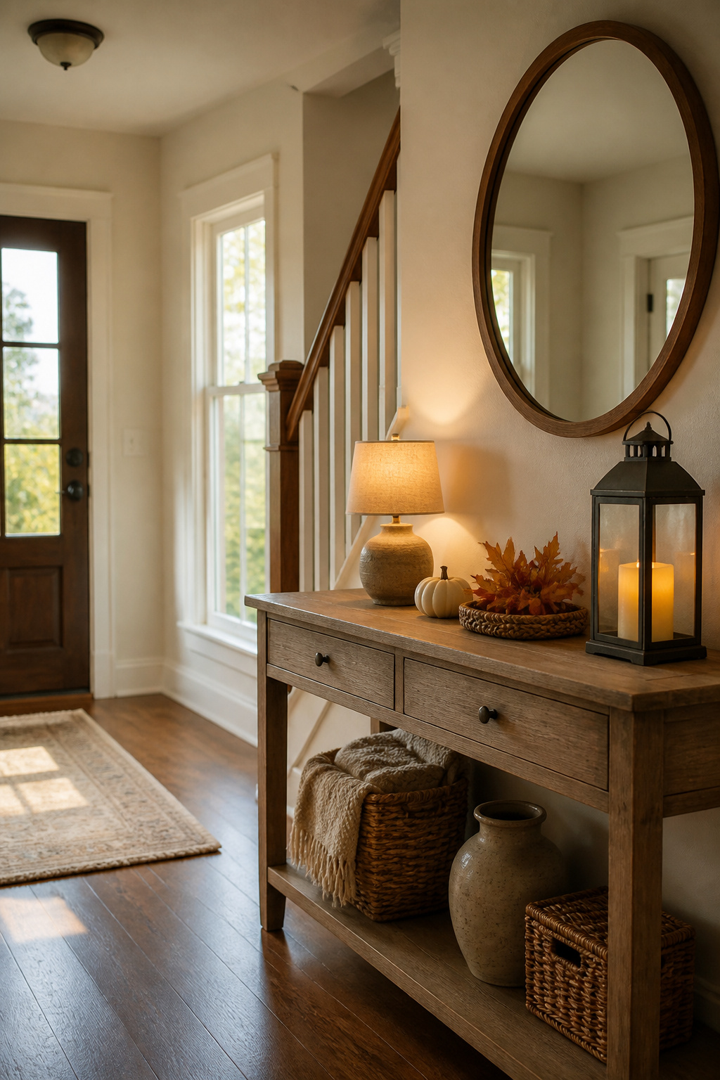 8 Fall Entryway Decor Ideas for a Warm Welcome in 2026 7 A lamp and candles illuminating a cozy entryway.