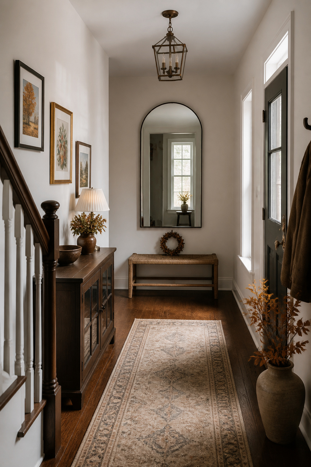 8 Fall Entryway Decor Ideas for a Warm Welcome in 2026 8 A large mirror above a console table in an entryway.