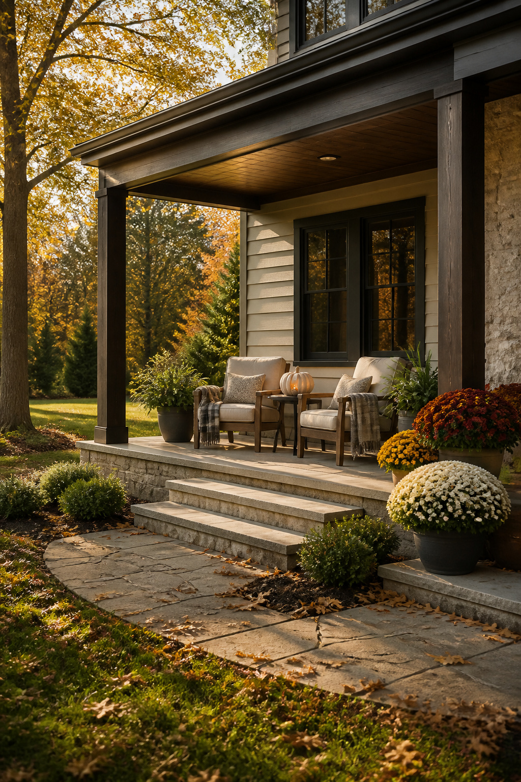 Fall Home Tour 2026: Six Ideas for Warm Autumn Style 10 Outdoor seating area with chairs in sunlight.
