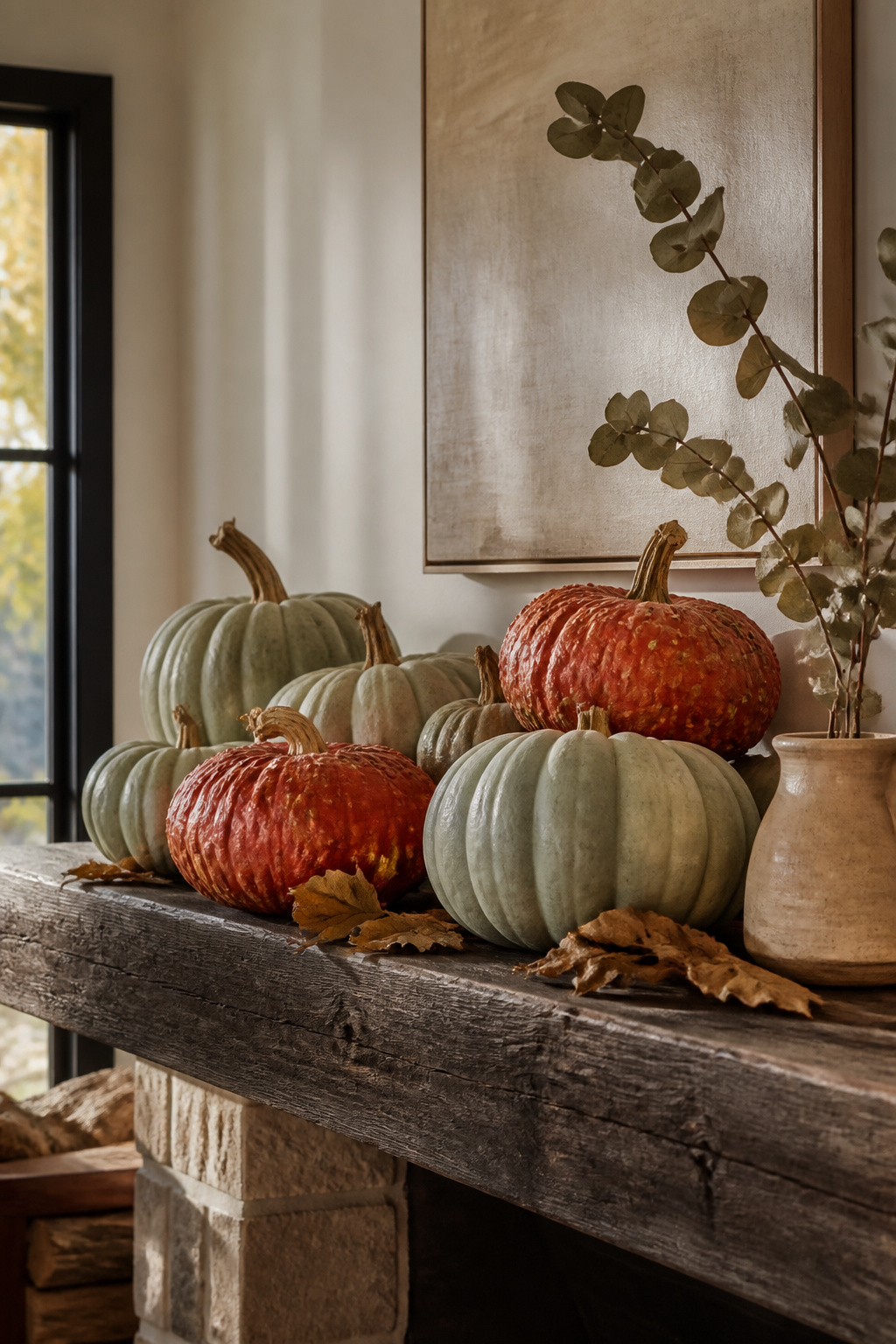 Fall Home Tour 2026: Six Ideas for Warm Autumn Style 2 A rustic wood mantel decorated with heirloom pumpkins and eucalyptus.