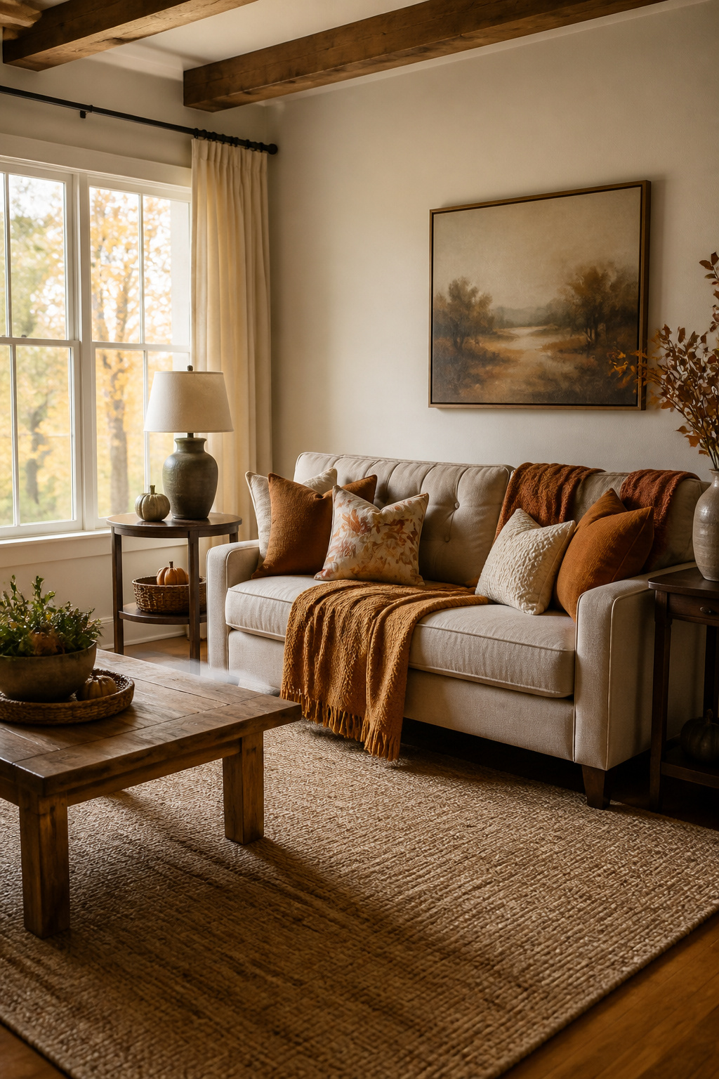 Fall Home Tour 2026: Six Ideas for Warm Autumn Style 3 Couch with cotton and linen throws for a cozy fall look.