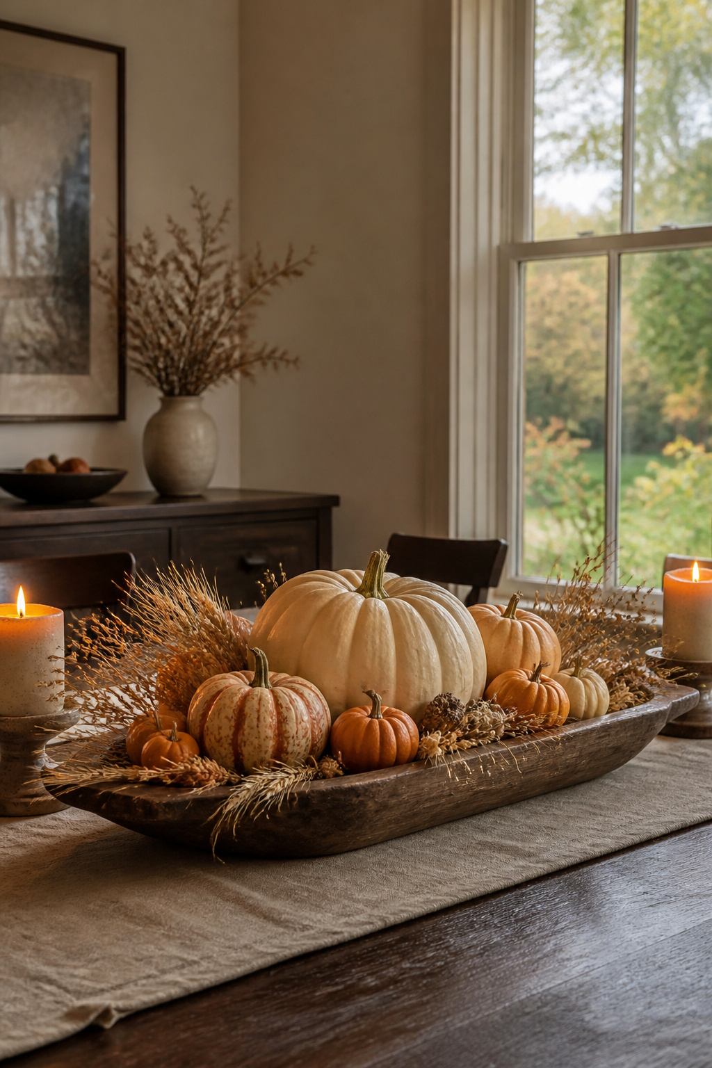 Fall Home Tour 2026: Six Ideas for Warm Autumn Style 4 A dining table with a low pumpkin centerpiece.