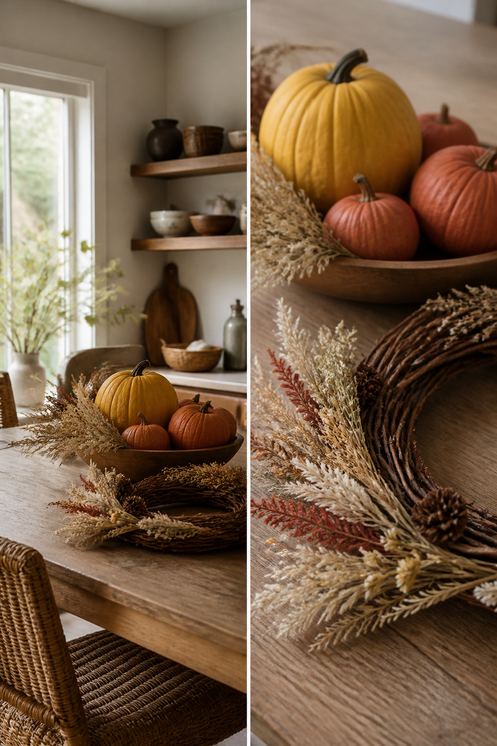 Fall Home Tour 2026: Six Ideas for Warm Autumn Style 6 Painted pumpkins and a wreath on a mantel.