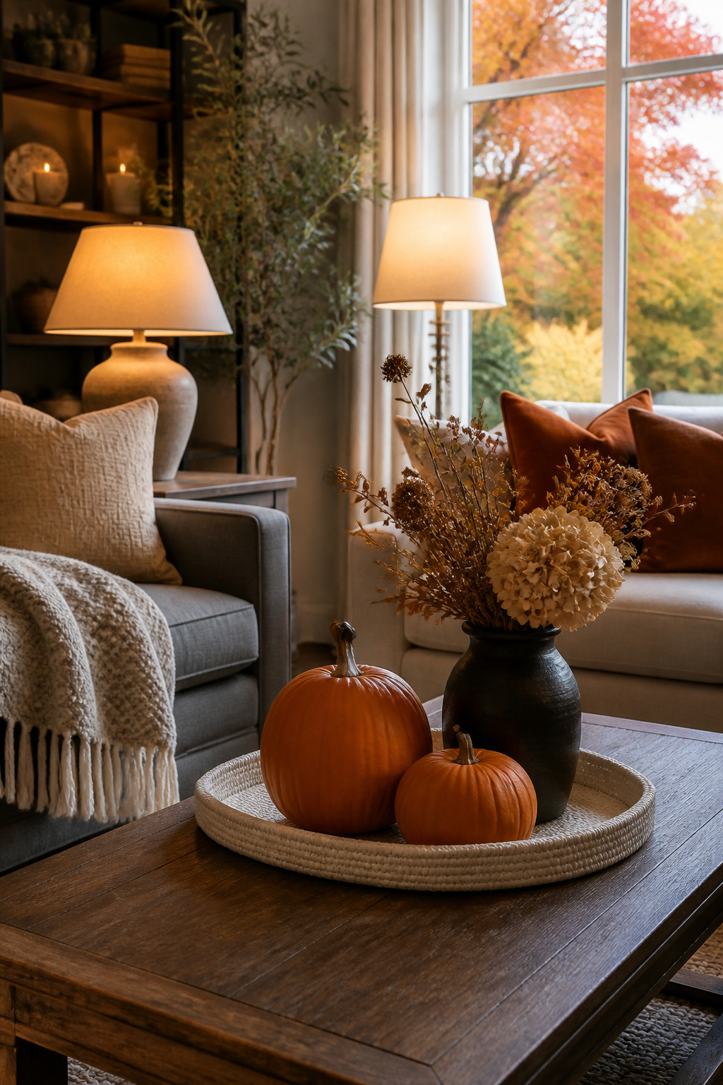 Fall Home Tour 2026: Six Ideas for Warm Autumn Style 8 Coffee table with real pumpkins and a vase of dried florals.