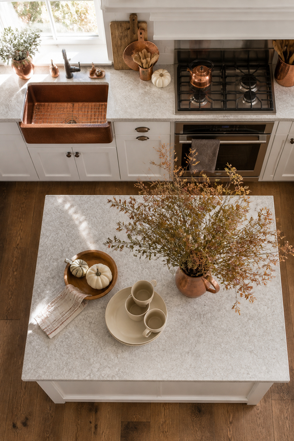Fall Home Tour 2026: Six Ideas for Warm Autumn Style 9 Kitchen with a 'Give Thanks' sign and dried branches.