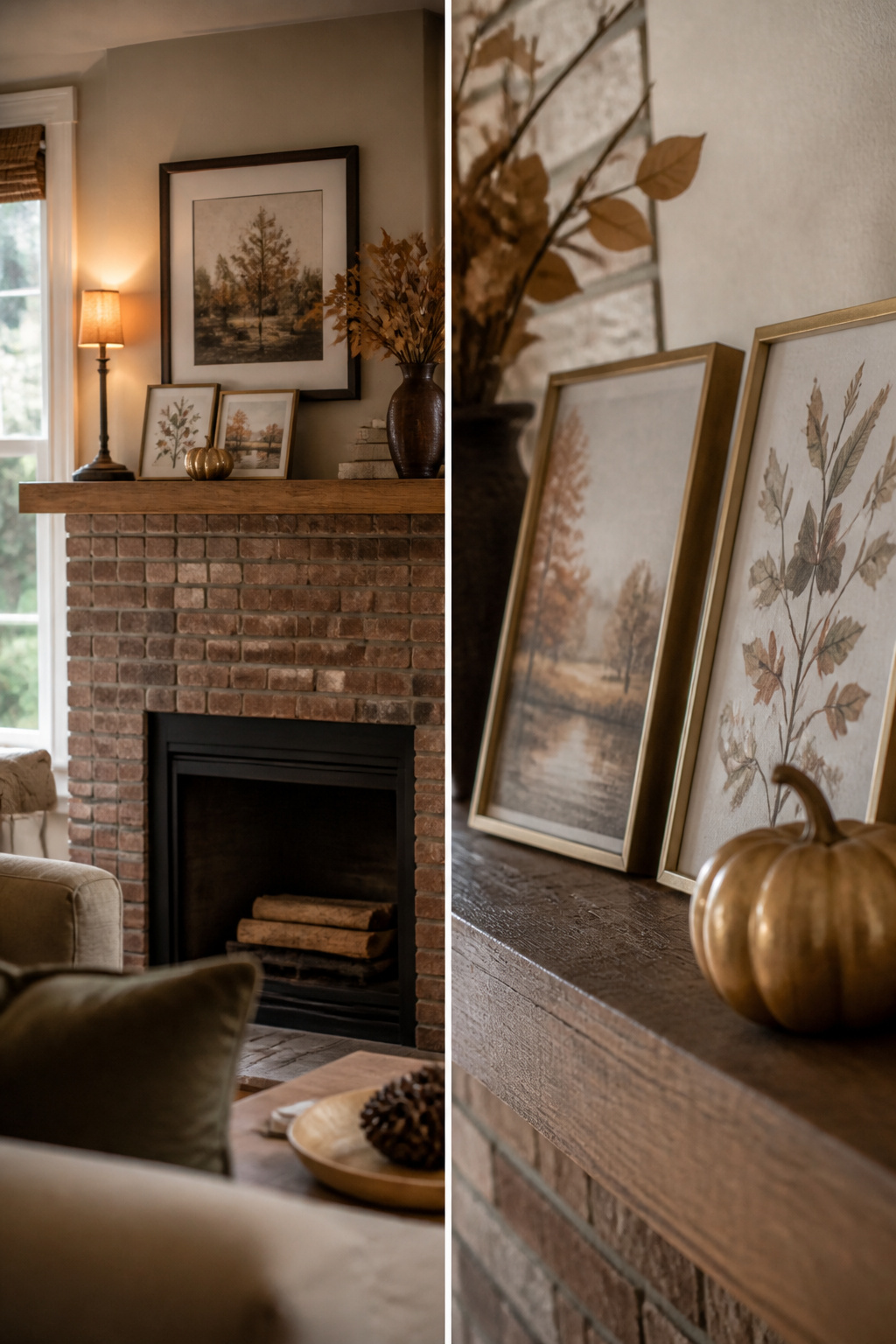11 Fall Mantel Decoration Ideas for a Styled Hearth 10 Framed prints propped on a mantel alongside other decorations.