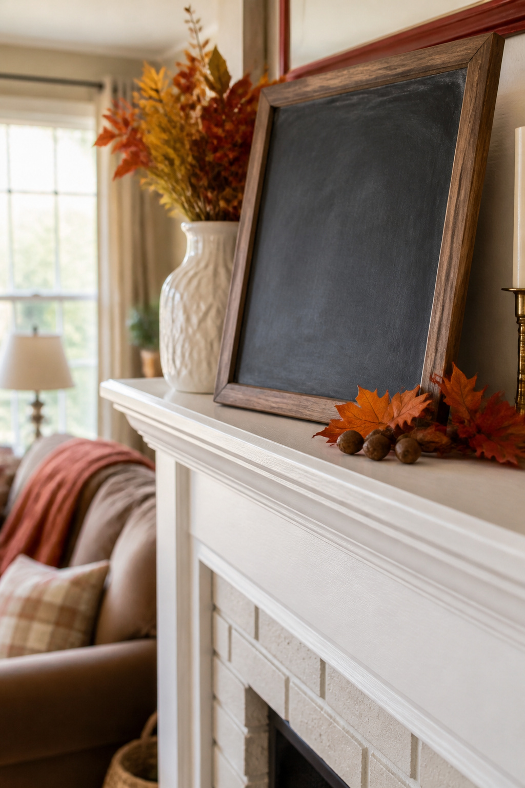 11 Fall Mantel Decoration Ideas for a Styled Hearth 11 A small chalkboard leaning against the wall on a mantel.
