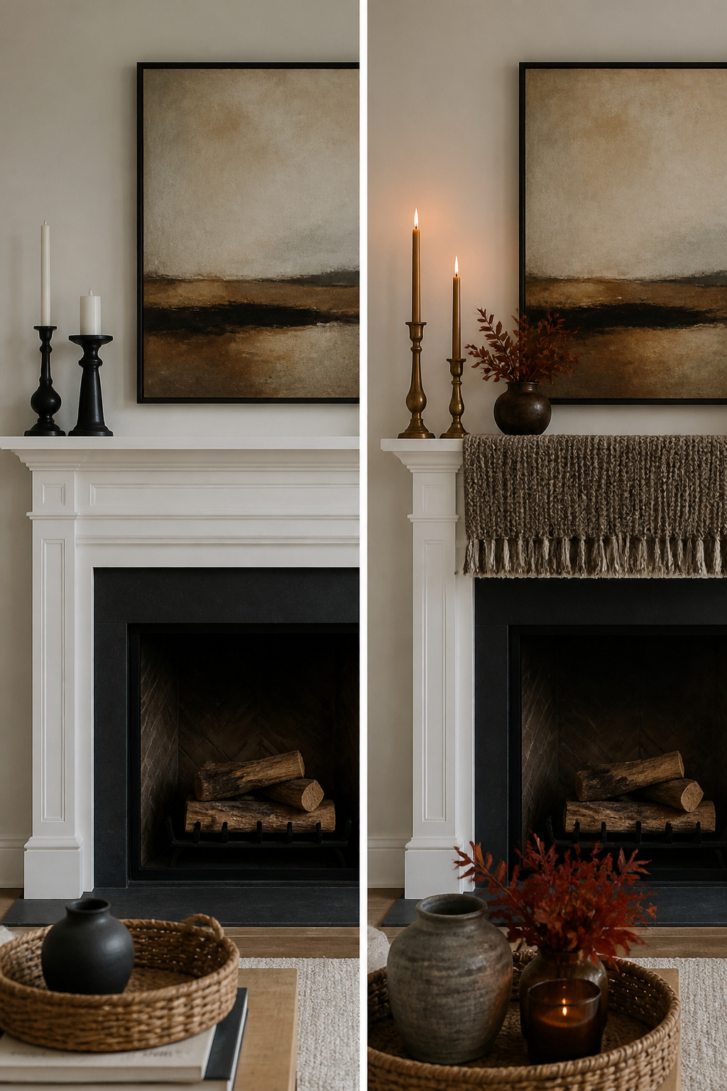11 Fall Mantel Decoration Ideas for a Styled Hearth 13 Candlesticks and a vase create an asymmetrical display on a mantel.
