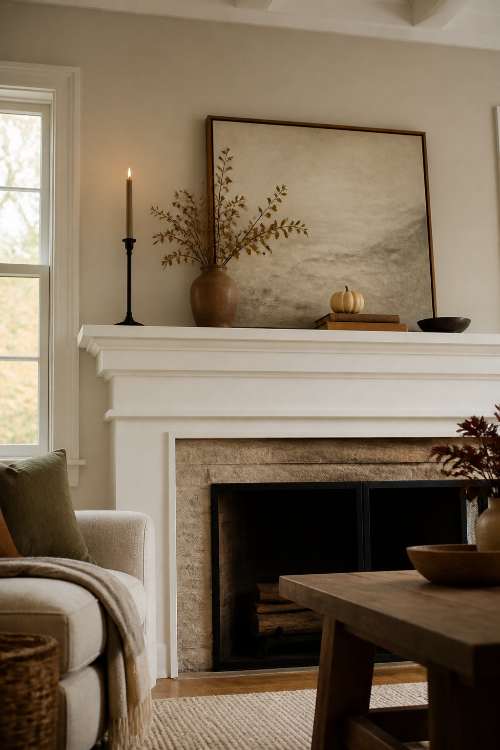 11 Fall Mantel Decoration Ideas for a Styled Hearth 15 Decor items of varying heights arranged on a mantel.