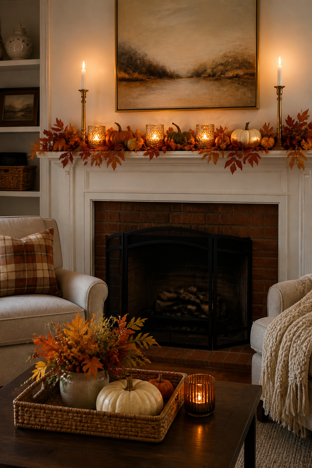 11 Fall Mantel Decoration Ideas for a Styled Hearth 2 Brass candlesticks and flickering LED candles on a mantel.