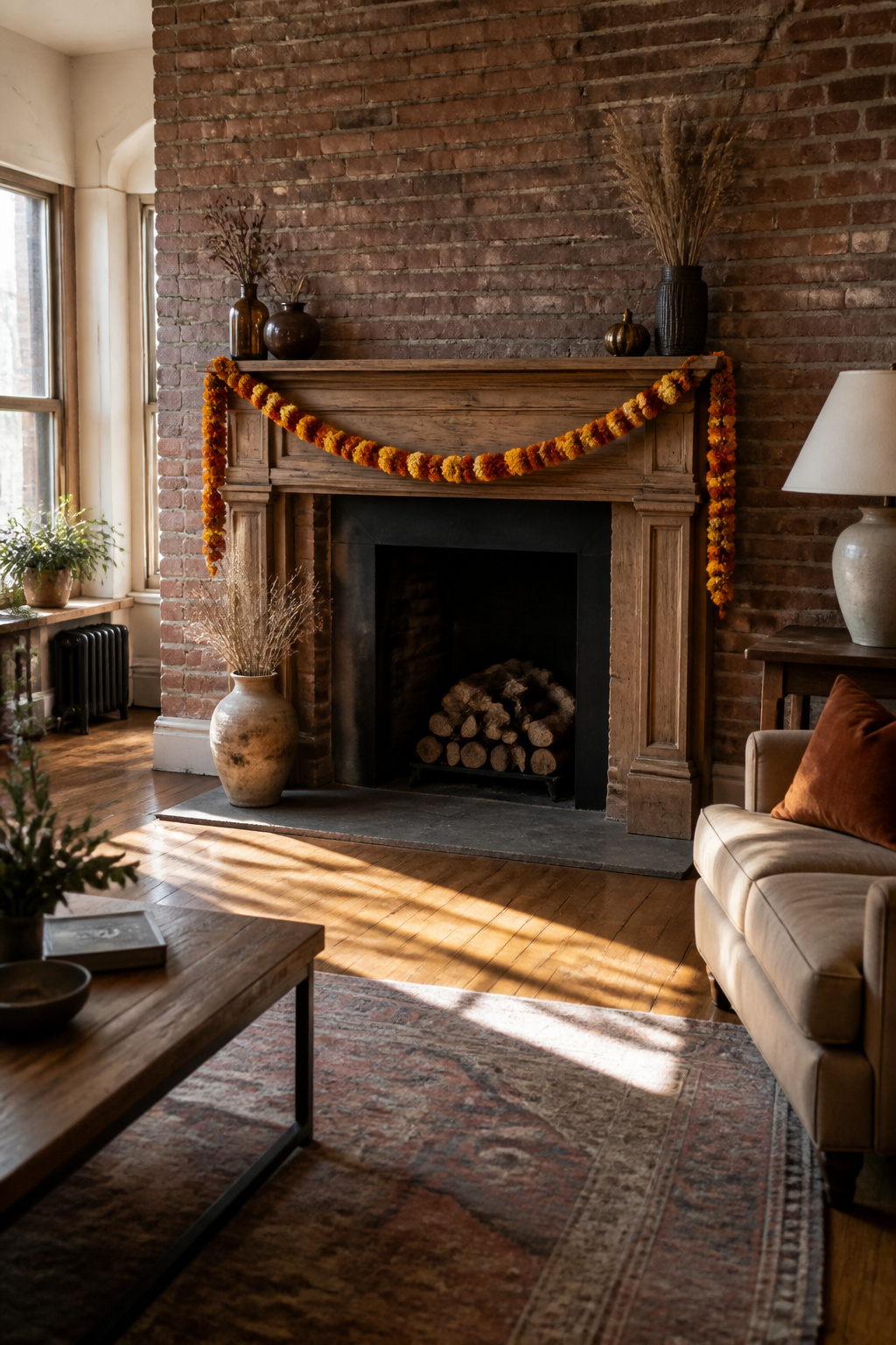 11 Fall Mantel Decoration Ideas for a Styled Hearth 3 A long strand of dried flower garland drapes across a mantel.