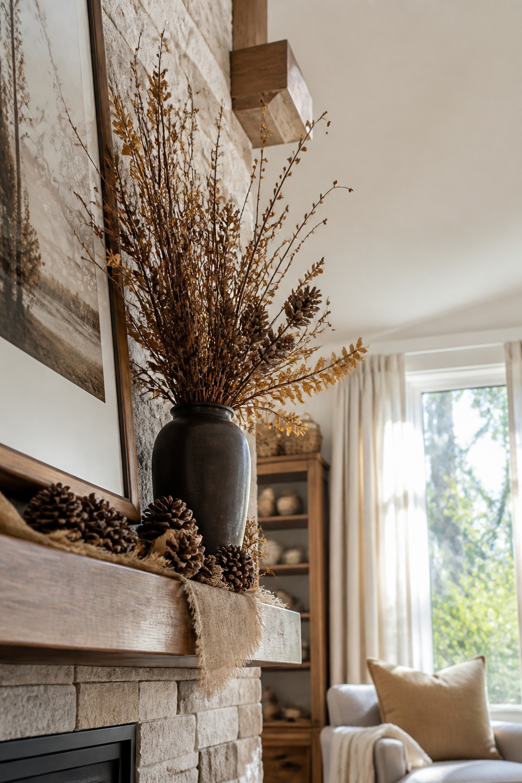 11 Fall Mantel Decoration Ideas for a Styled Hearth 4 A vase filled with tall branches and dried grasses on a mantel.