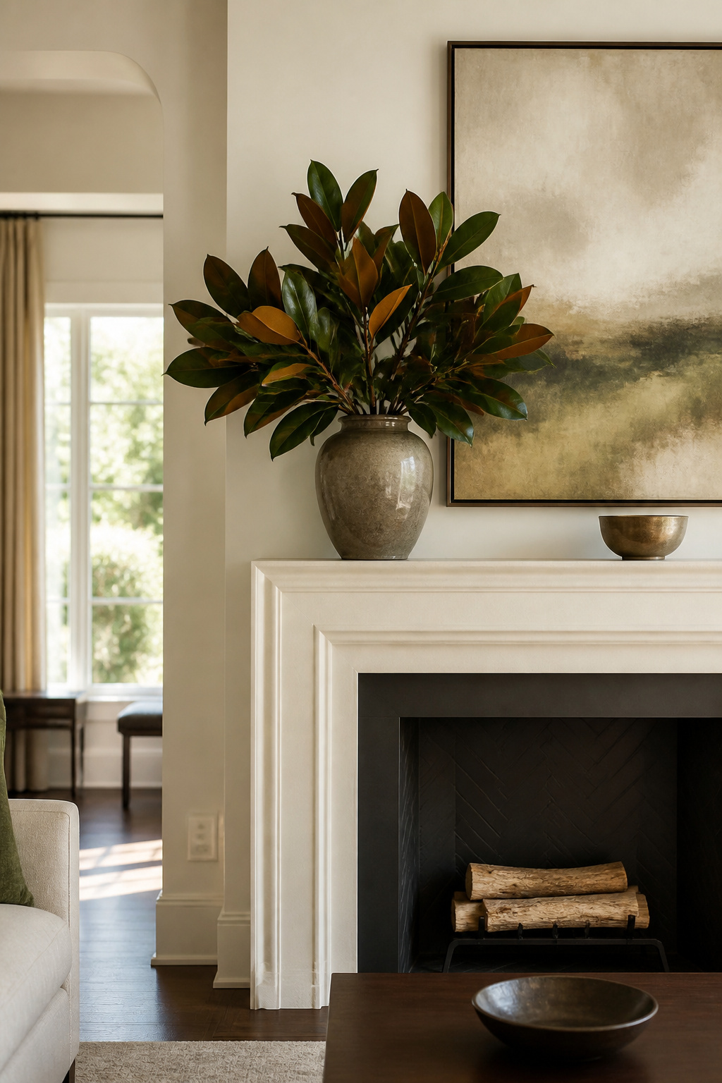 11 Fall Mantel Decoration Ideas for a Styled Hearth 6 Magnolia leaves in a ceramic vase sit prominently on a mantel.